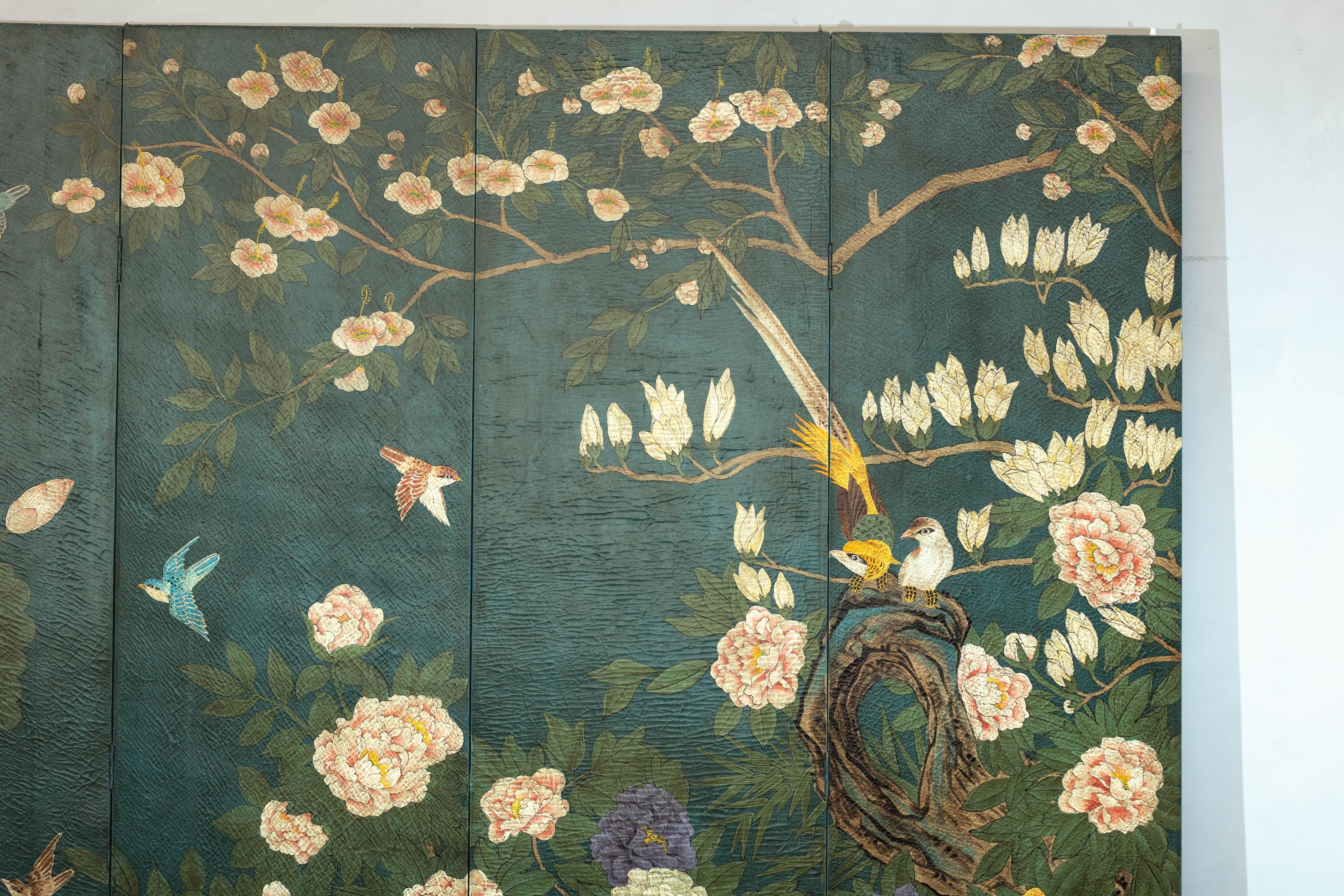 Leather Green Lacquered Screen Room Divider with Hand-Painted Birds and Peonies