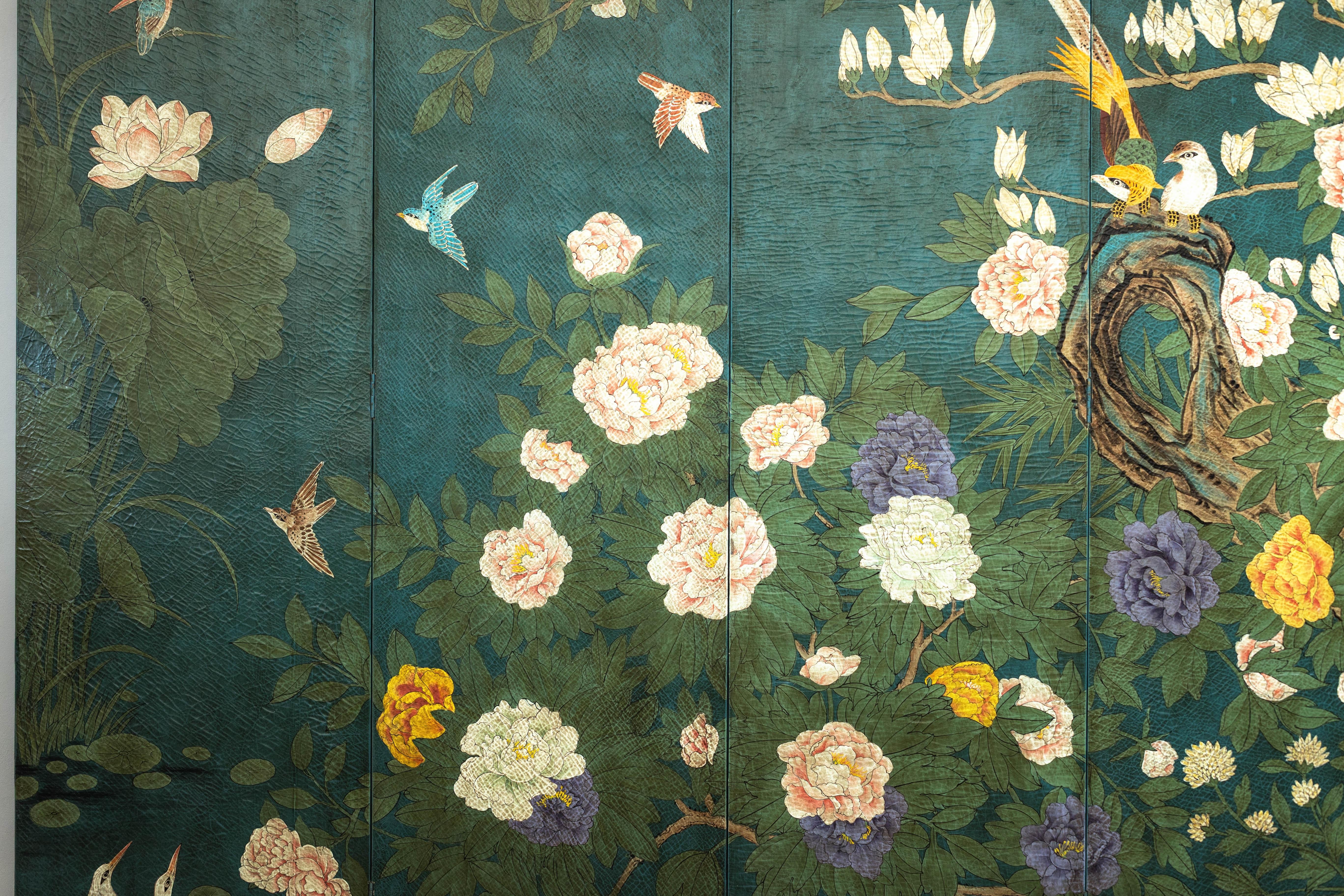 Green Lacquered Screen Room Divider with Hand-Painted Birds and Peonies 1