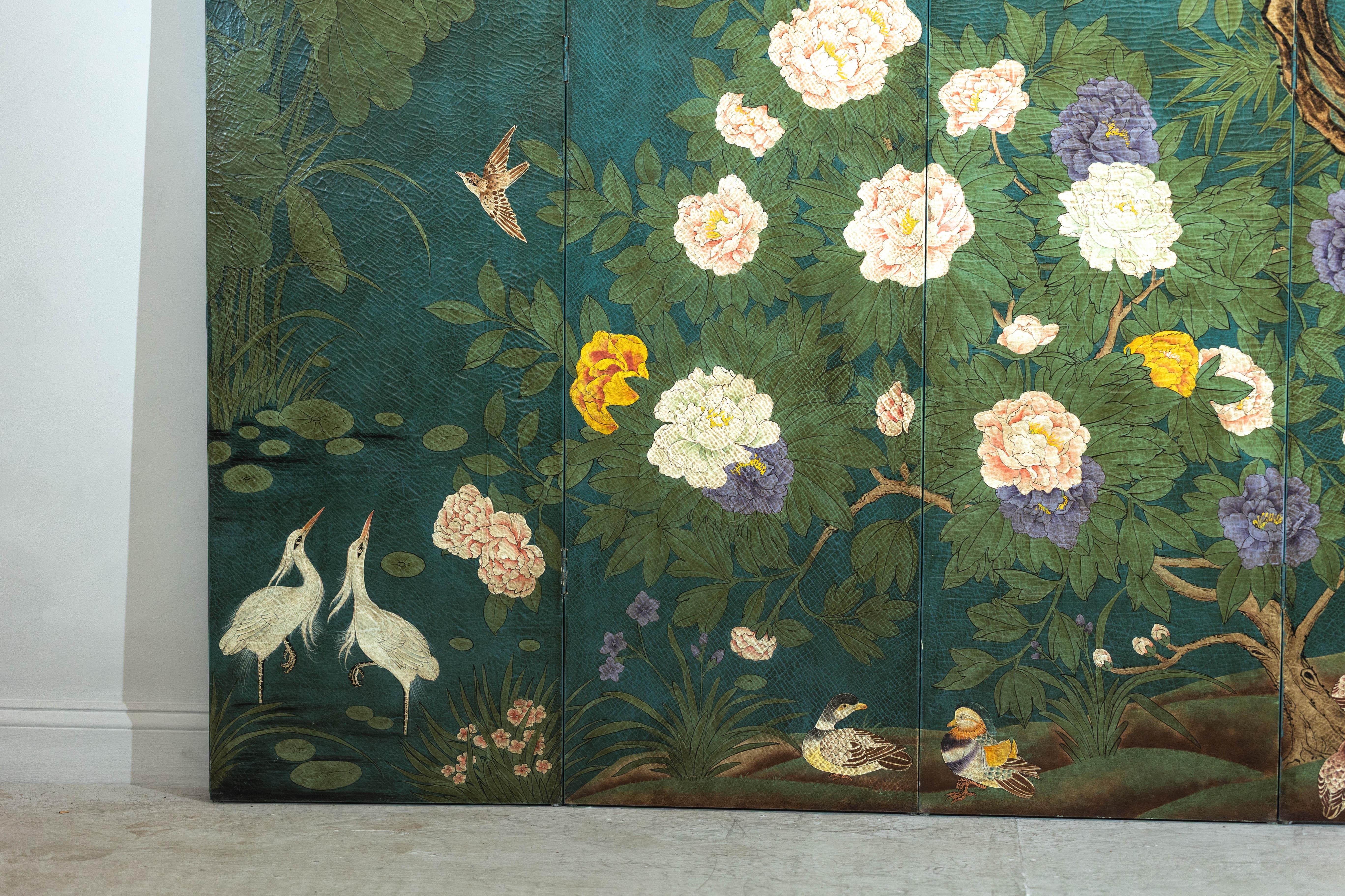 Green Lacquered Screen Room Divider with Hand-Painted Birds and Peonies 2