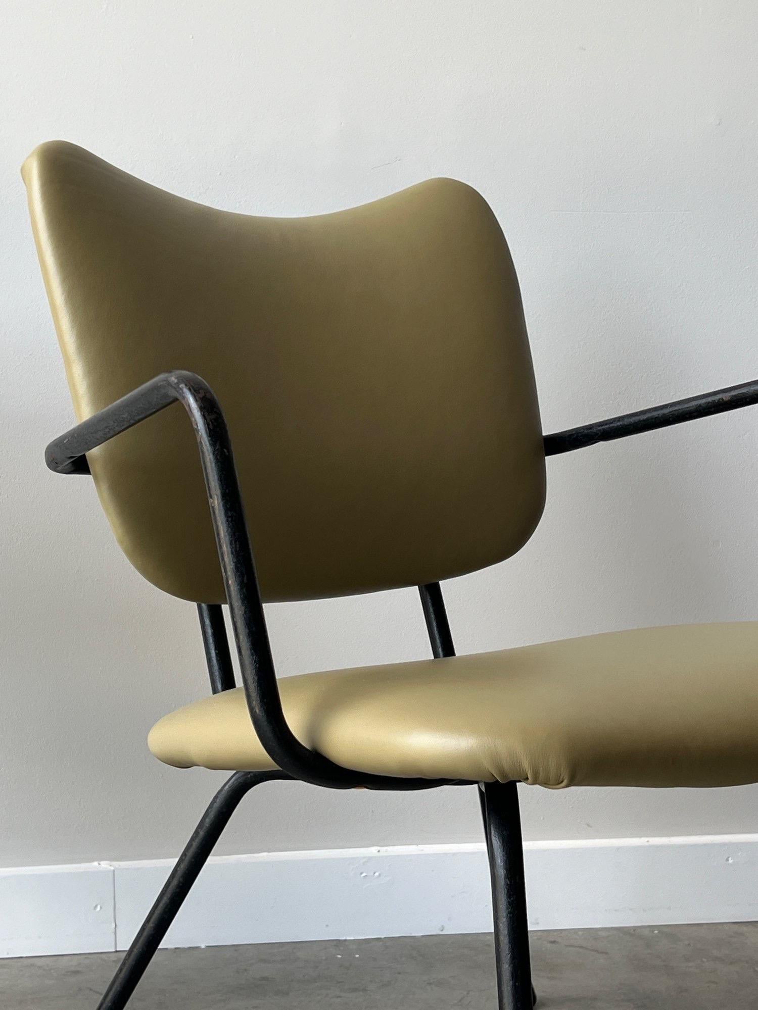 Metal Vintage Green Leather Armchairs - a Pair For Sale