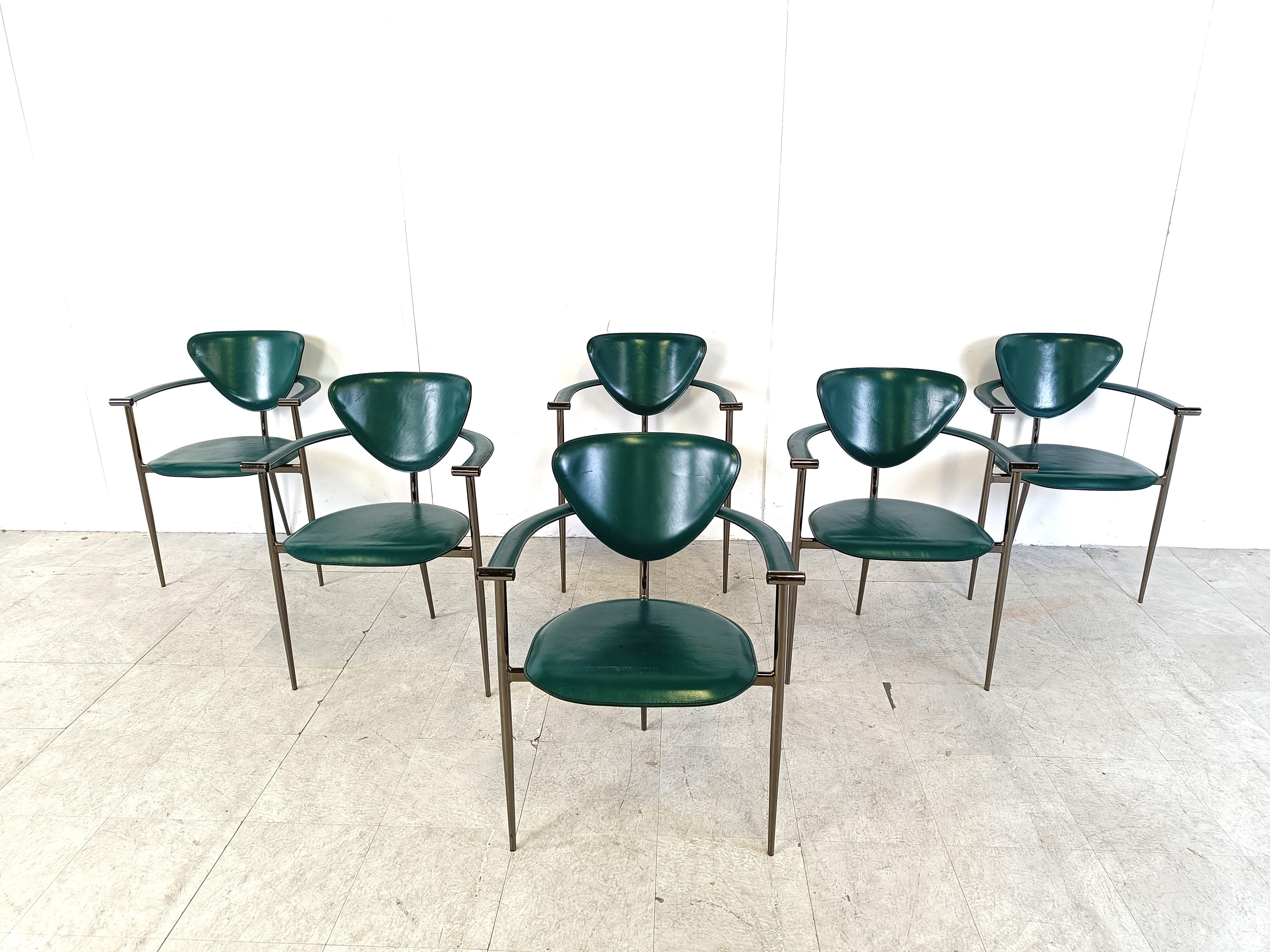 Vintage green leather armchairs by Arrben Italy, 1980s - set of 6 4