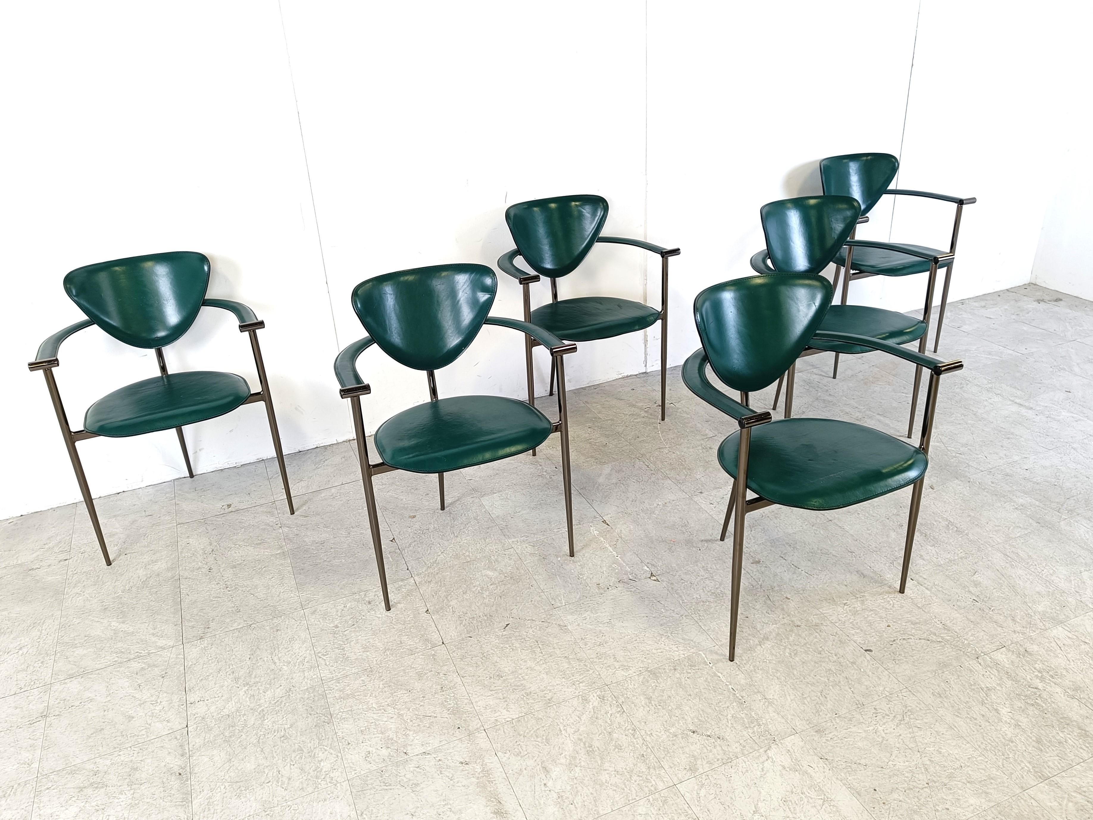 Mid-Century Modern Vintage green leather armchairs by Arrben Italy, 1980s - set of 6