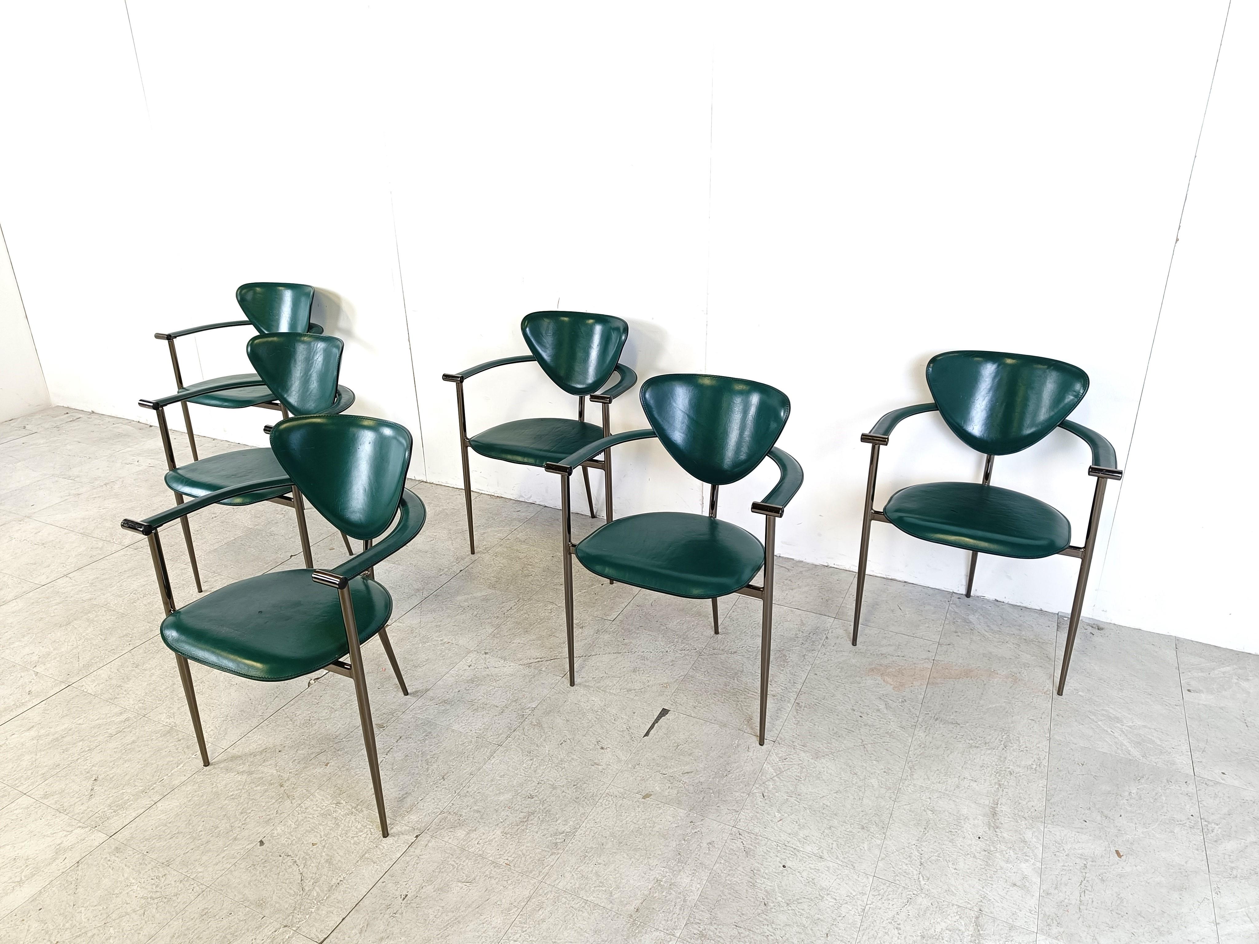 Italian Vintage green leather armchairs by Arrben Italy, 1980s - set of 6