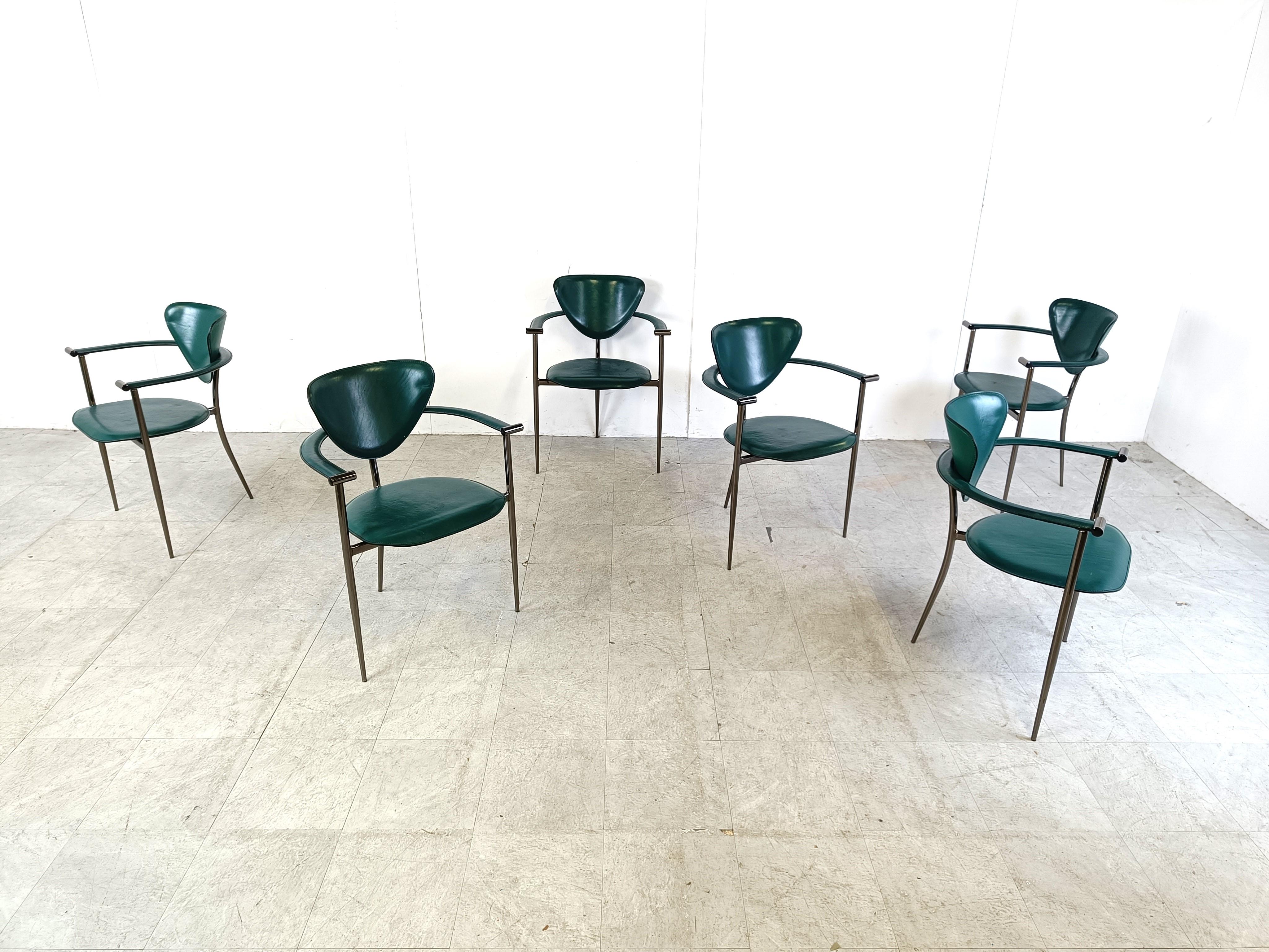Vintage green leather armchairs by Arrben Italy, 1980s - set of 6 In Good Condition In HEVERLEE, BE