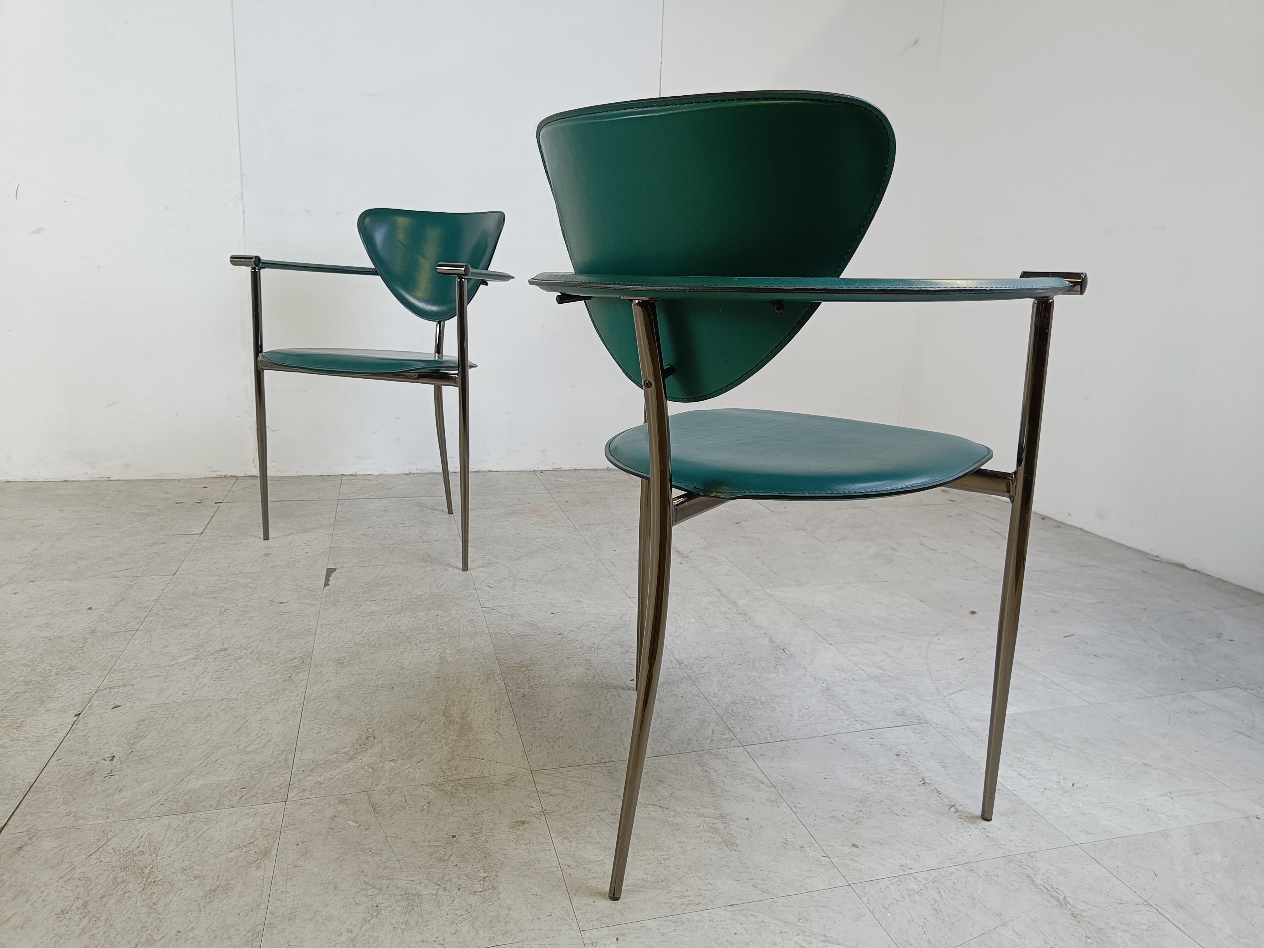 Metal Vintage green leather armchairs by Arrben Italy, 1980s - set of 6