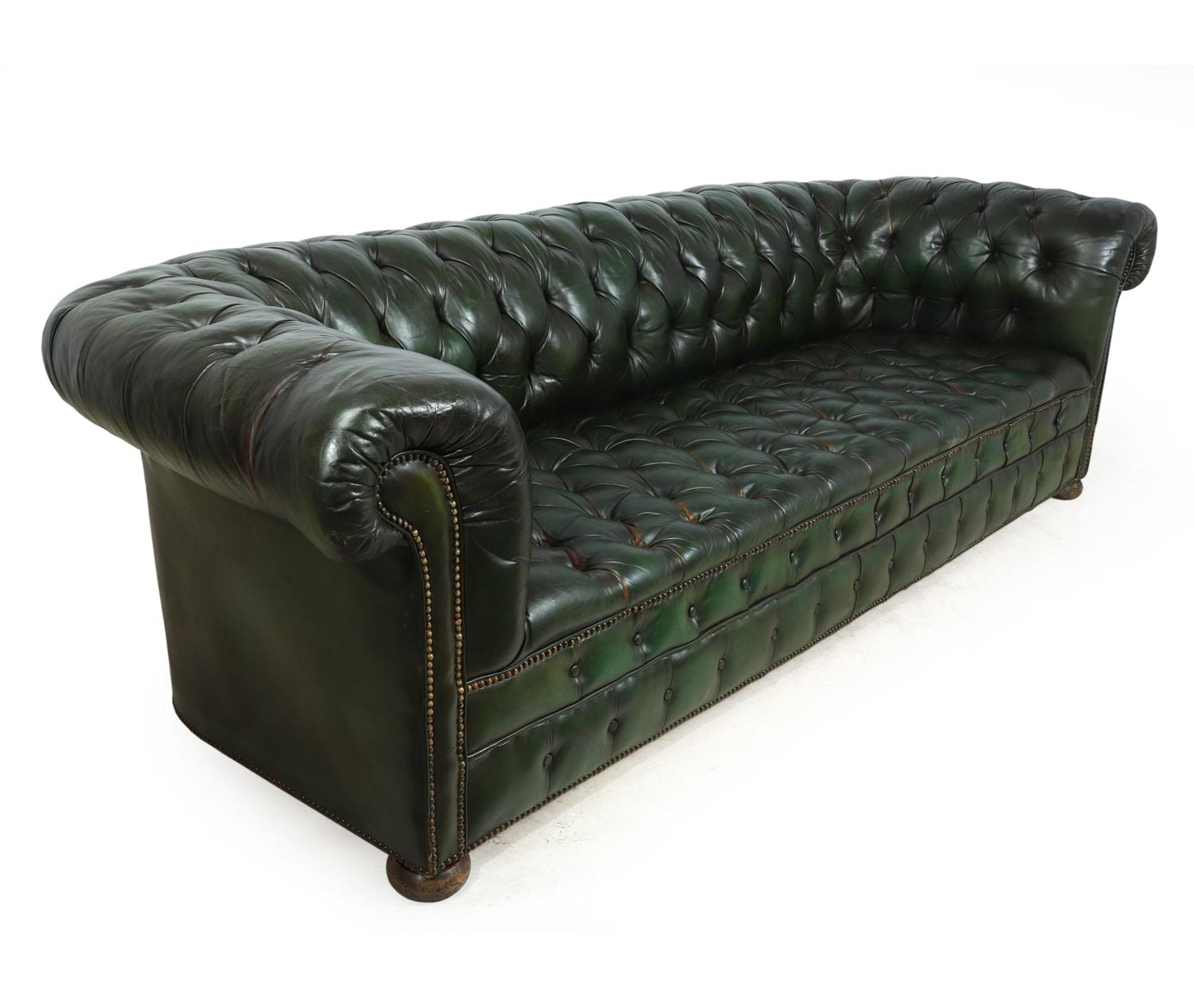 European Vintage Green Leather Chesterfield