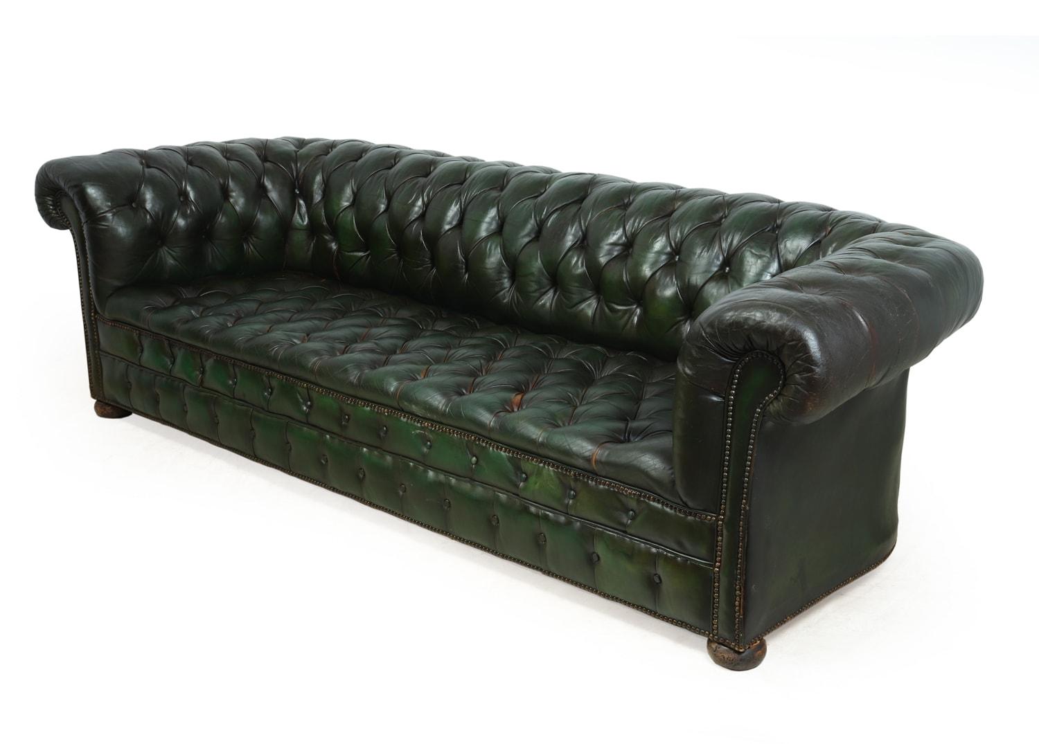 Mid-20th Century Vintage Green Leather Chesterfield