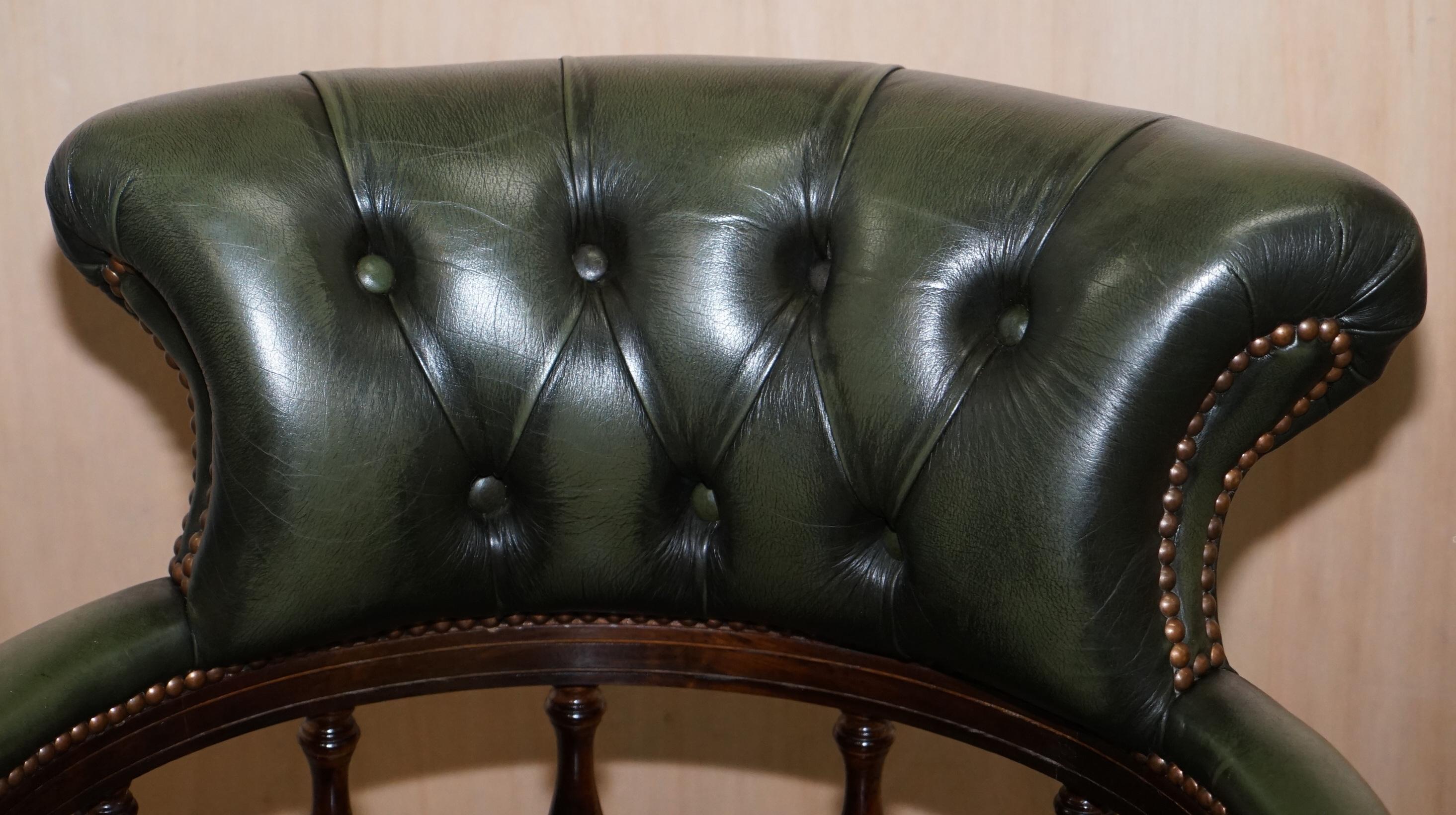 English Vintage Green Leather Chesterfield Regency Style Captains Directors Office Chair