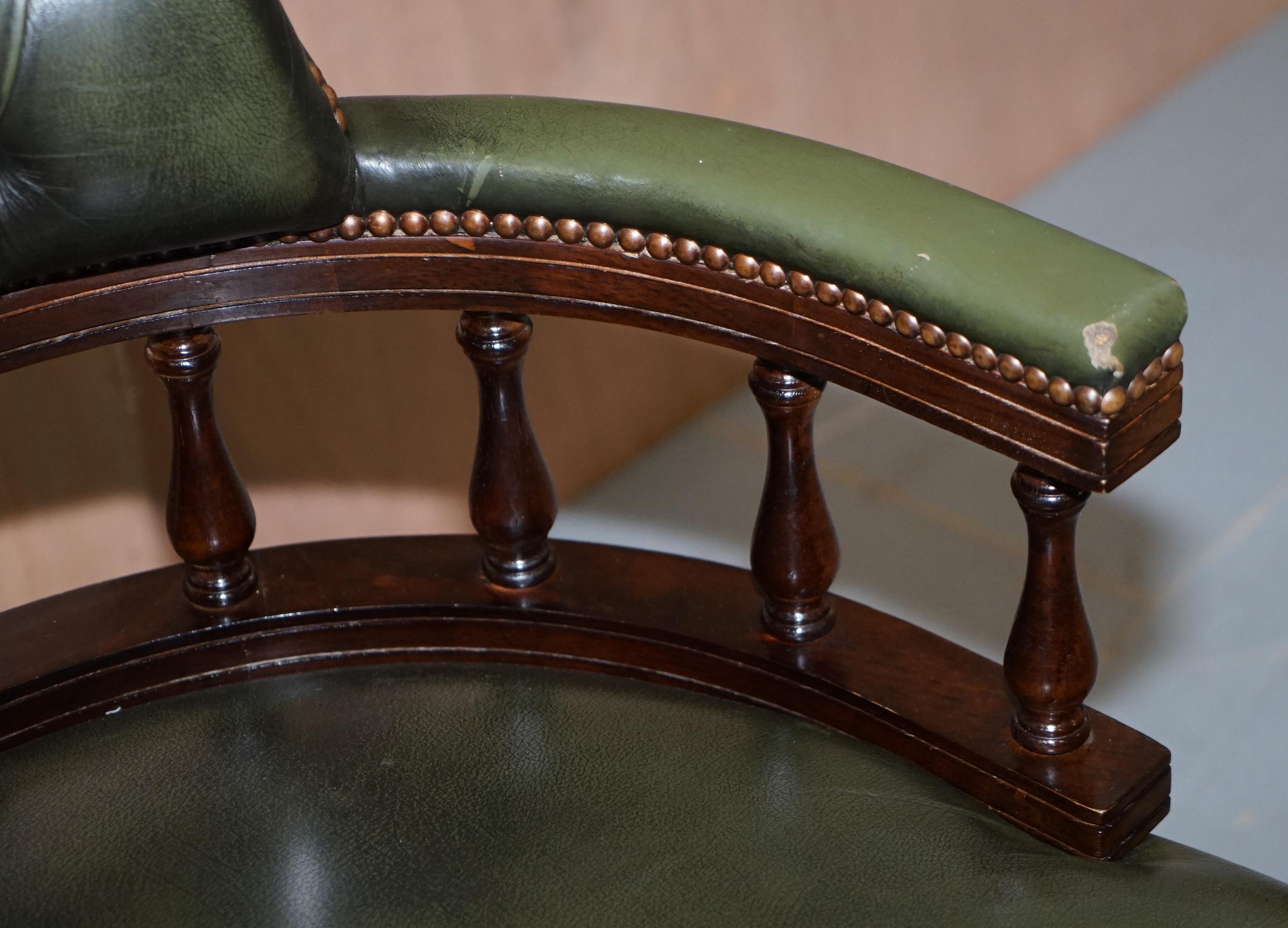 20th Century Vintage Green Leather Chesterfield Regency Style Captains Directors Office Chair