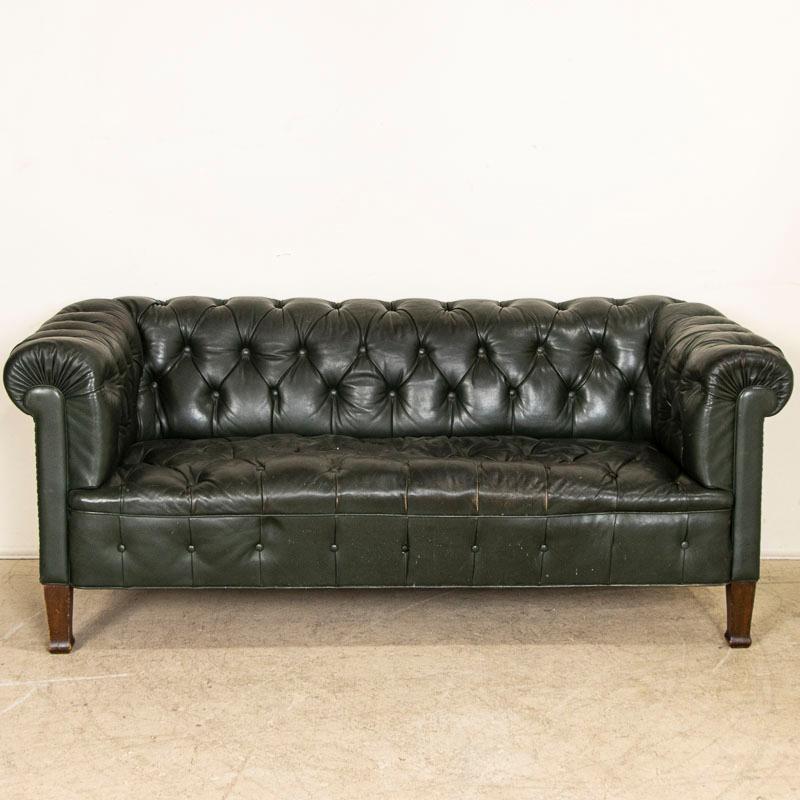 Danish Vintage Green Leather Chesterfield Sofa from Denmark For Sale
