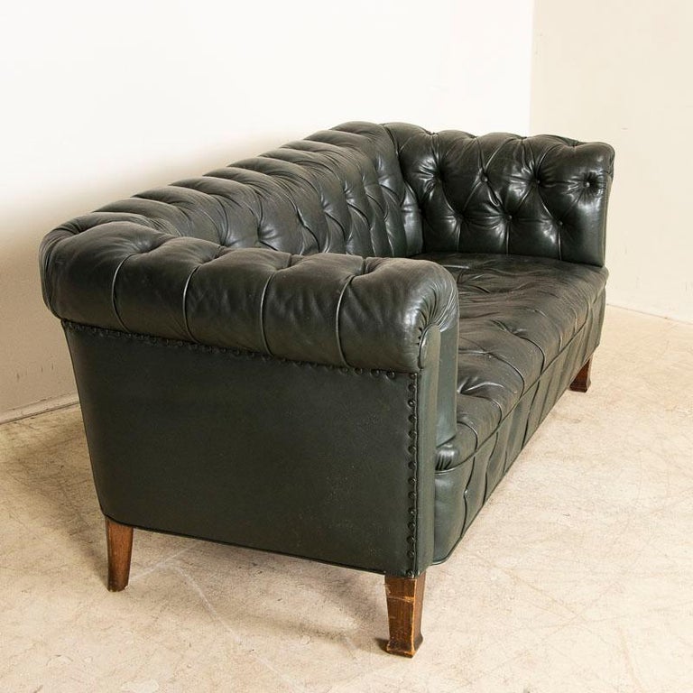 Vintage Green Leather Chesterfield Sofa from Denmark For Sale at 1stDibs