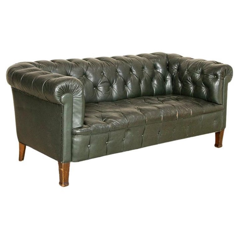 Vintage Green Leather Chesterfield Sofa from Denmark For Sale at 1stDibs