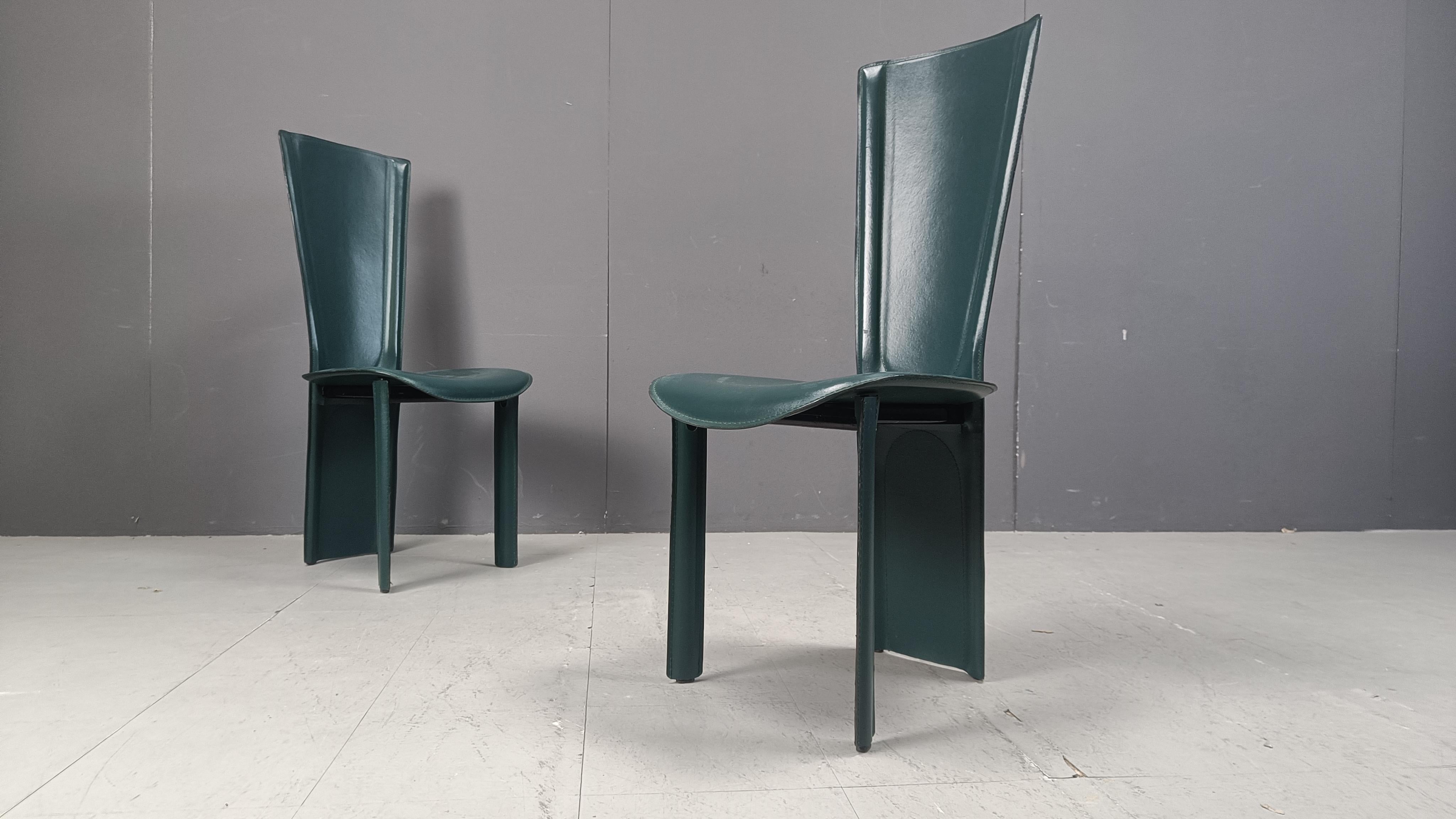 Sedie da pranzo in pelle verde vintage, anni '80 - set da 4 in vendita 3