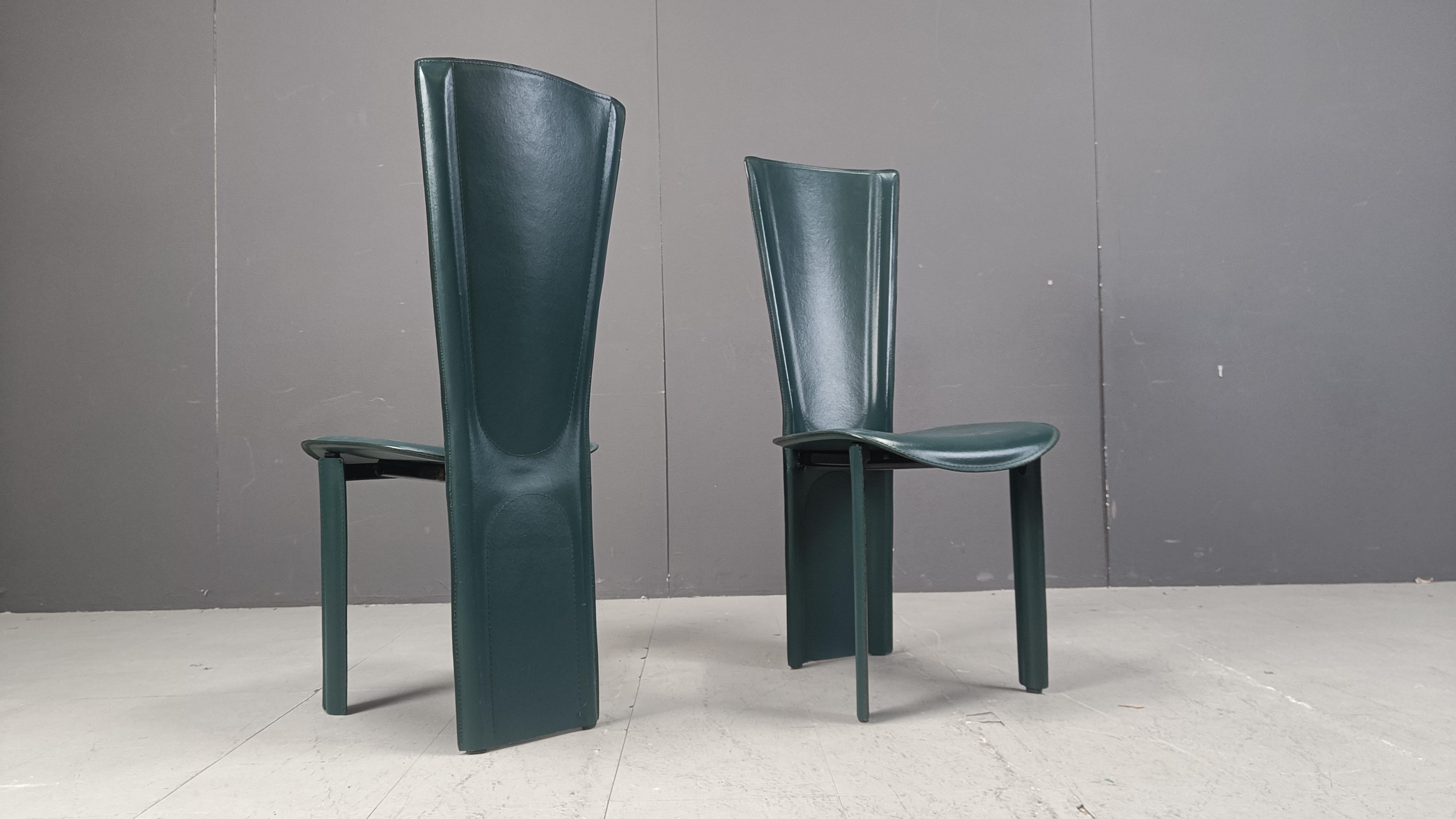 Sedie da pranzo in pelle verde vintage, anni '80 - set da 4 in vendita 6