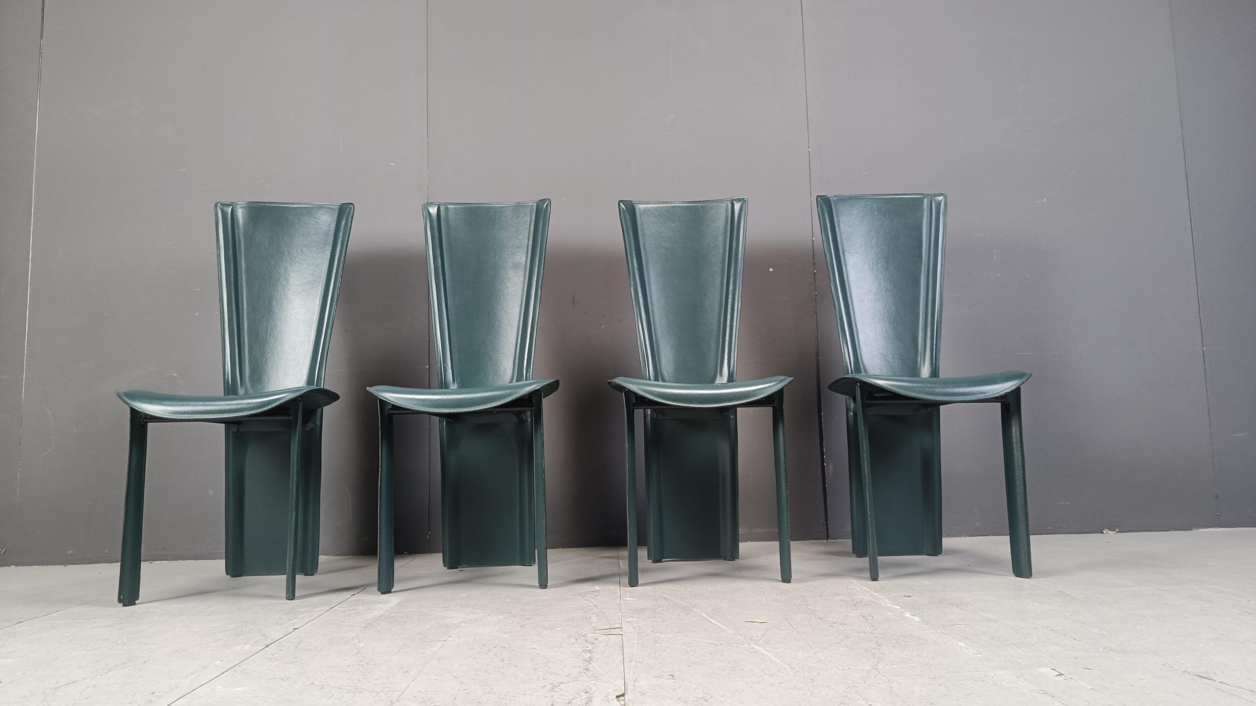 Pelle Sedie da pranzo in pelle verde vintage, anni '80 - set da 4 in vendita