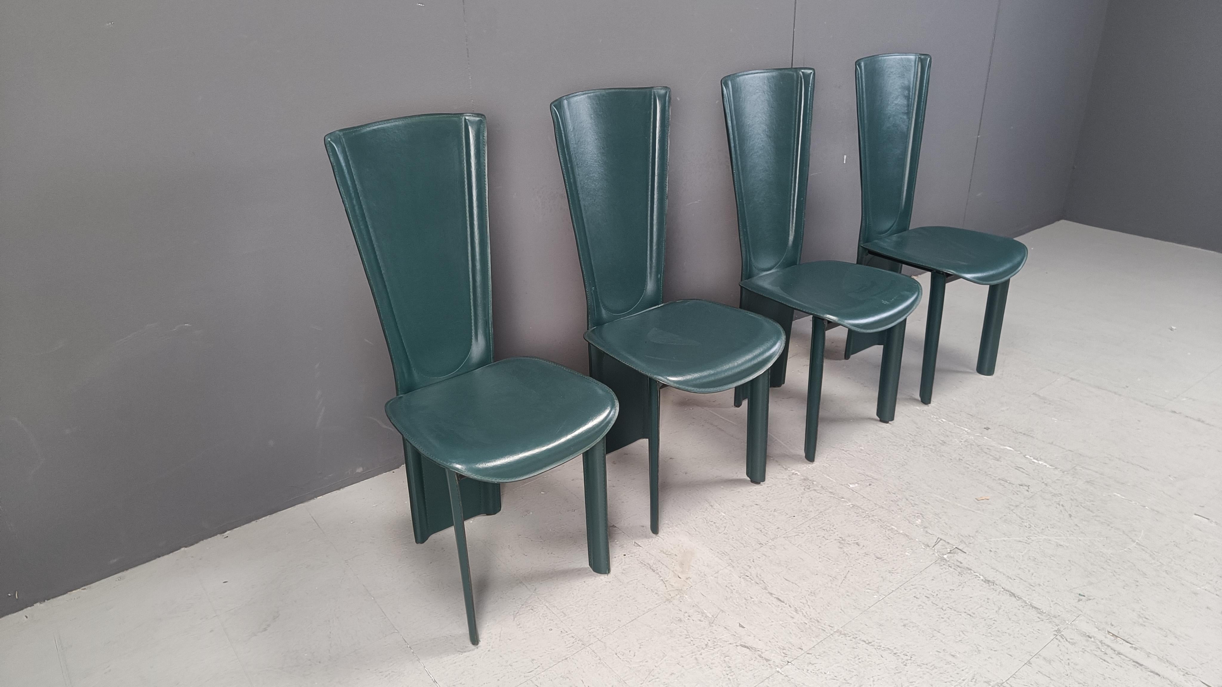 Sedie da pranzo in pelle verde vintage, anni '80 - set da 4 in vendita 1