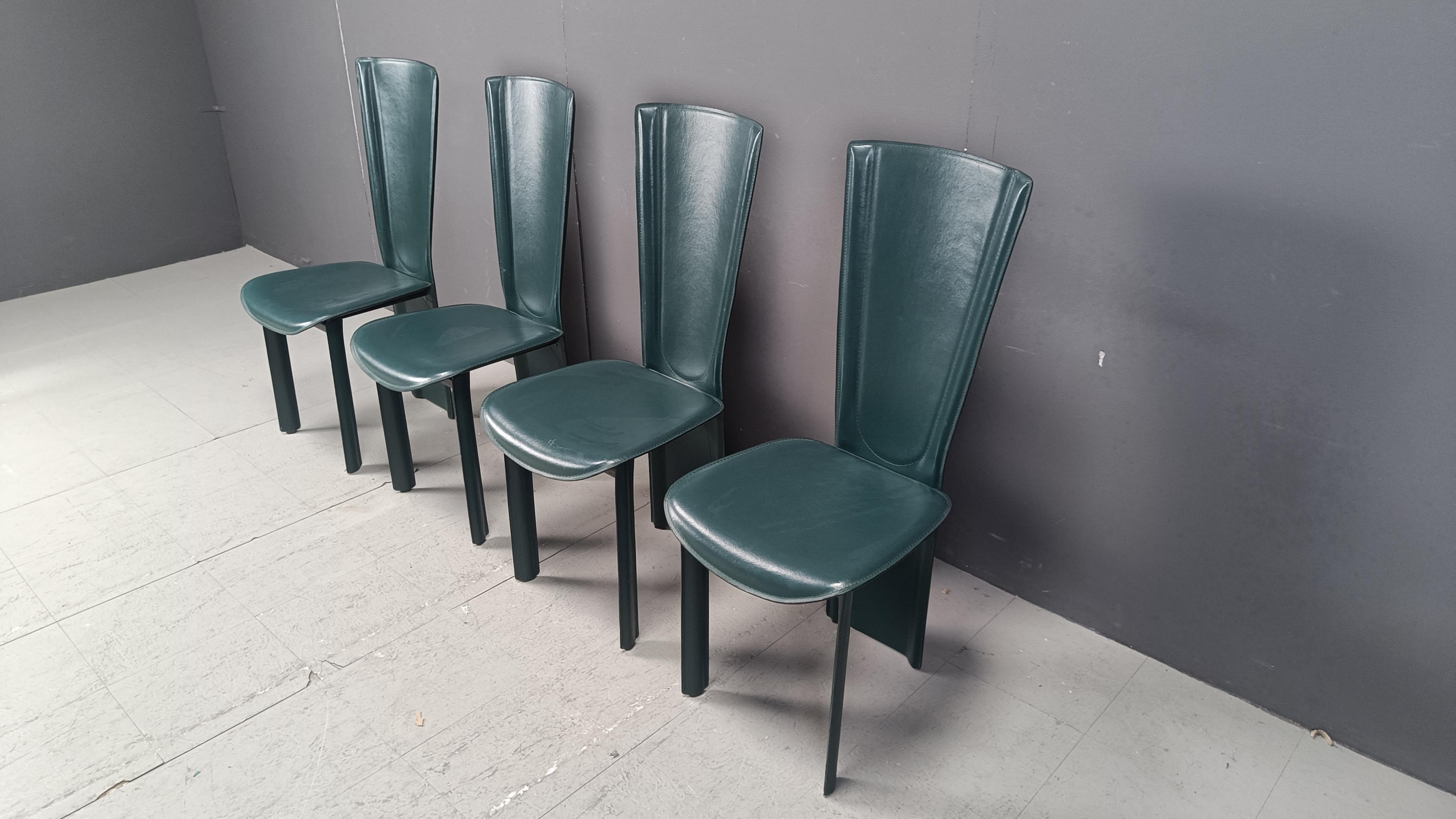 Sedie da pranzo in pelle verde vintage, anni '80 - set da 4 in vendita 2