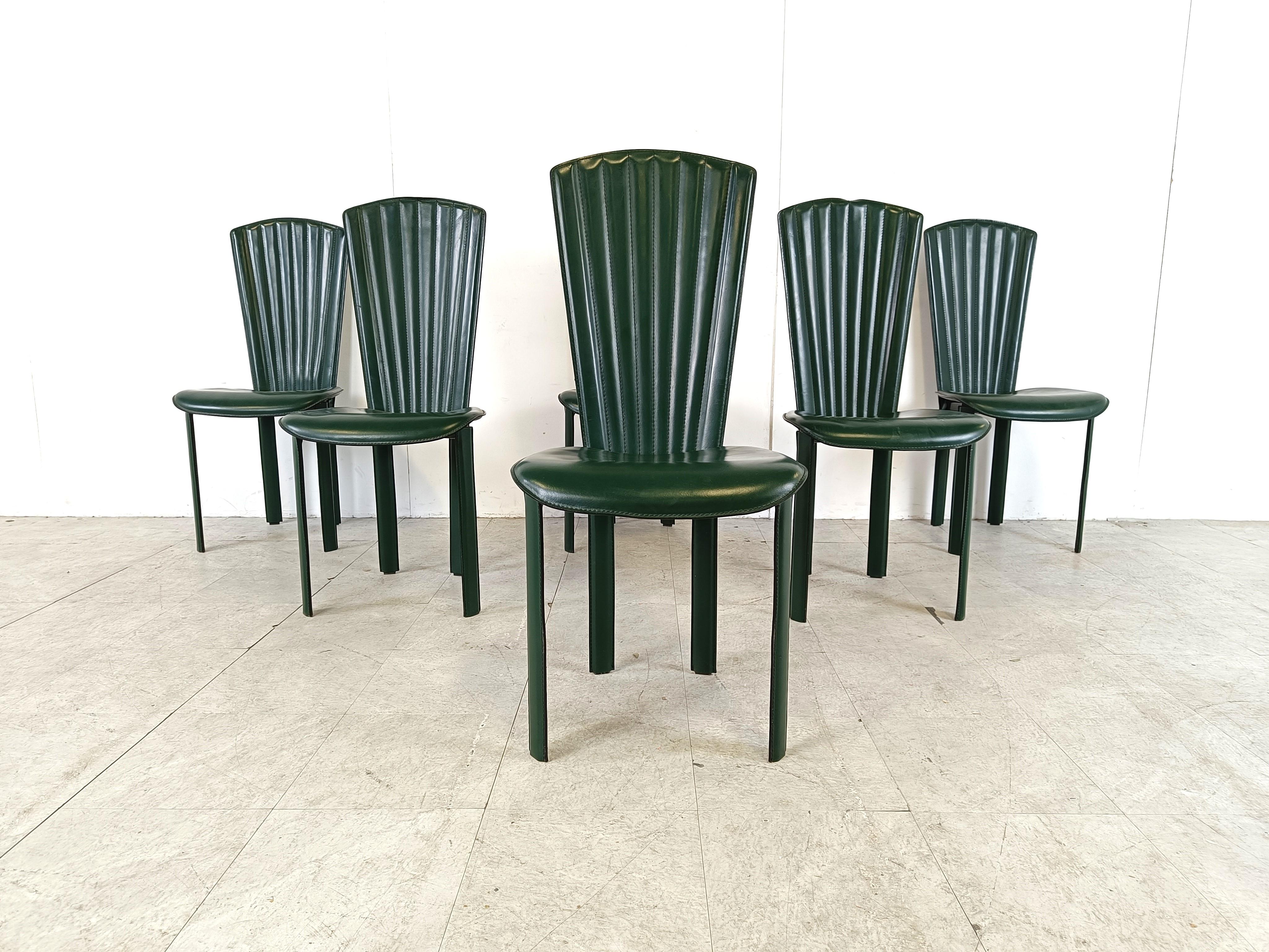 Mid-Century Modern Vintage green leather dining chairs, 1980s - set of 6