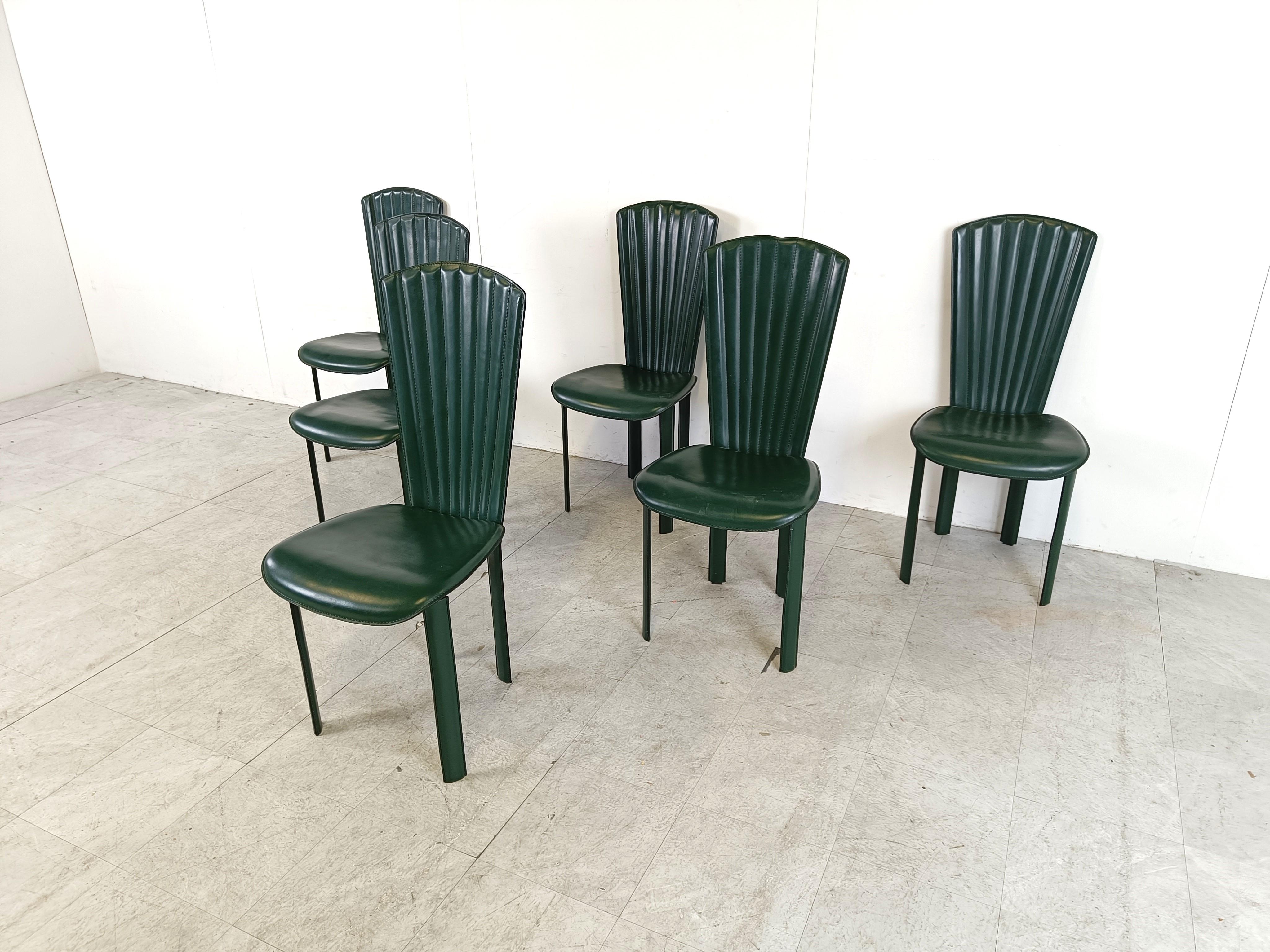 Italian Vintage green leather dining chairs, 1980s - set of 6