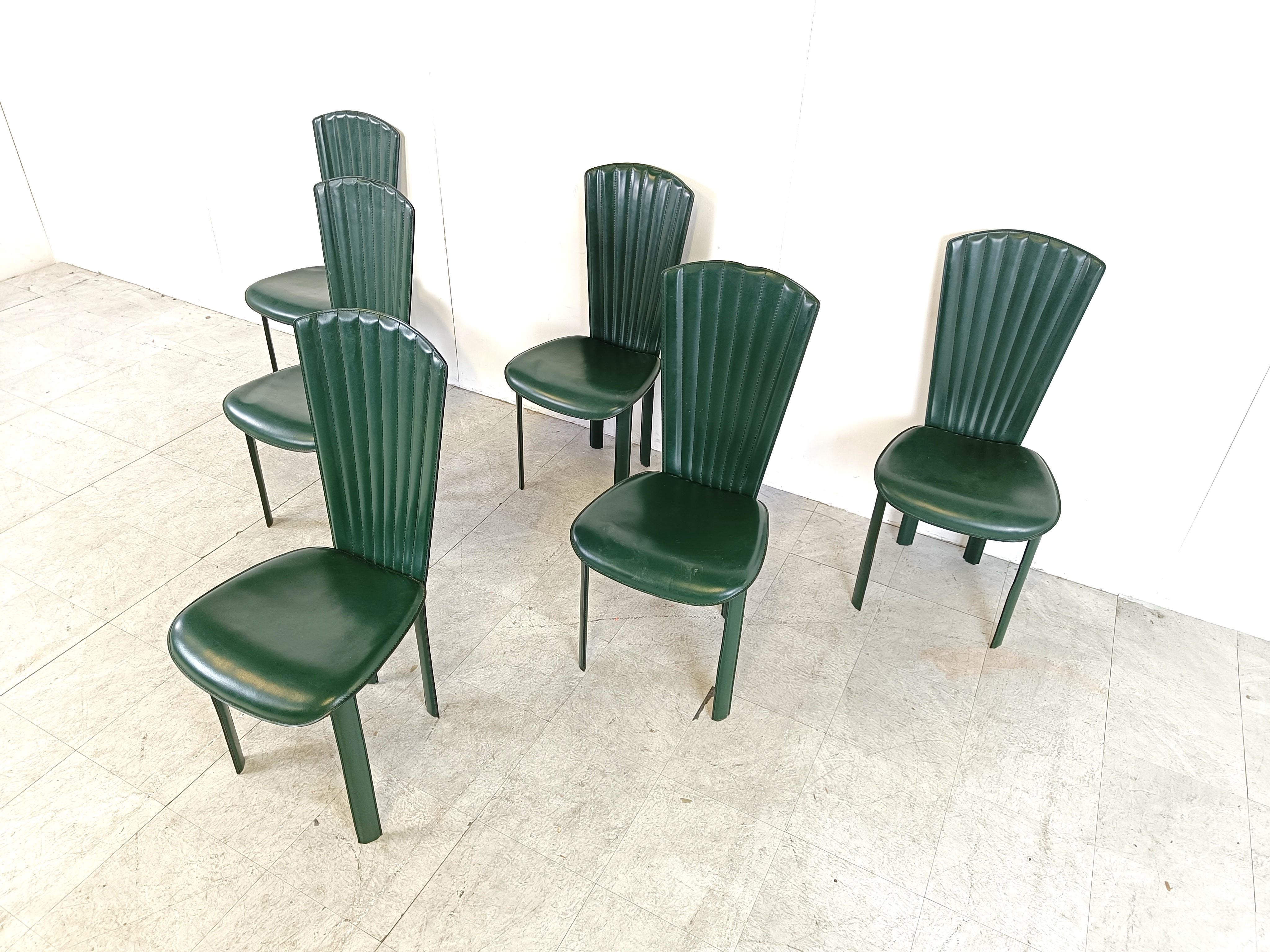 Vintage green leather dining chairs, 1980s - set of 6 In Good Condition In HEVERLEE, BE