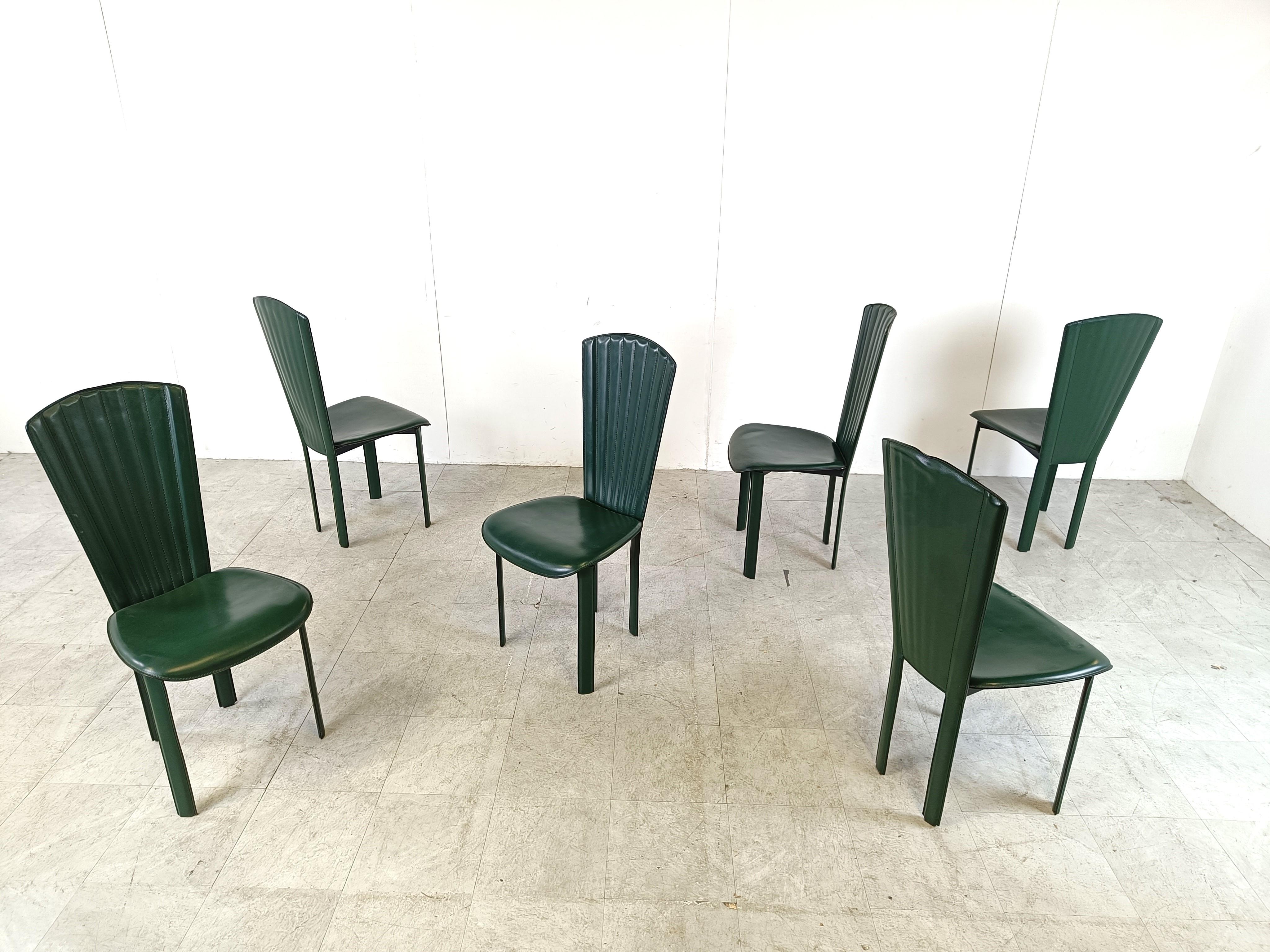 Leather Vintage green leather dining chairs, 1980s - set of 6