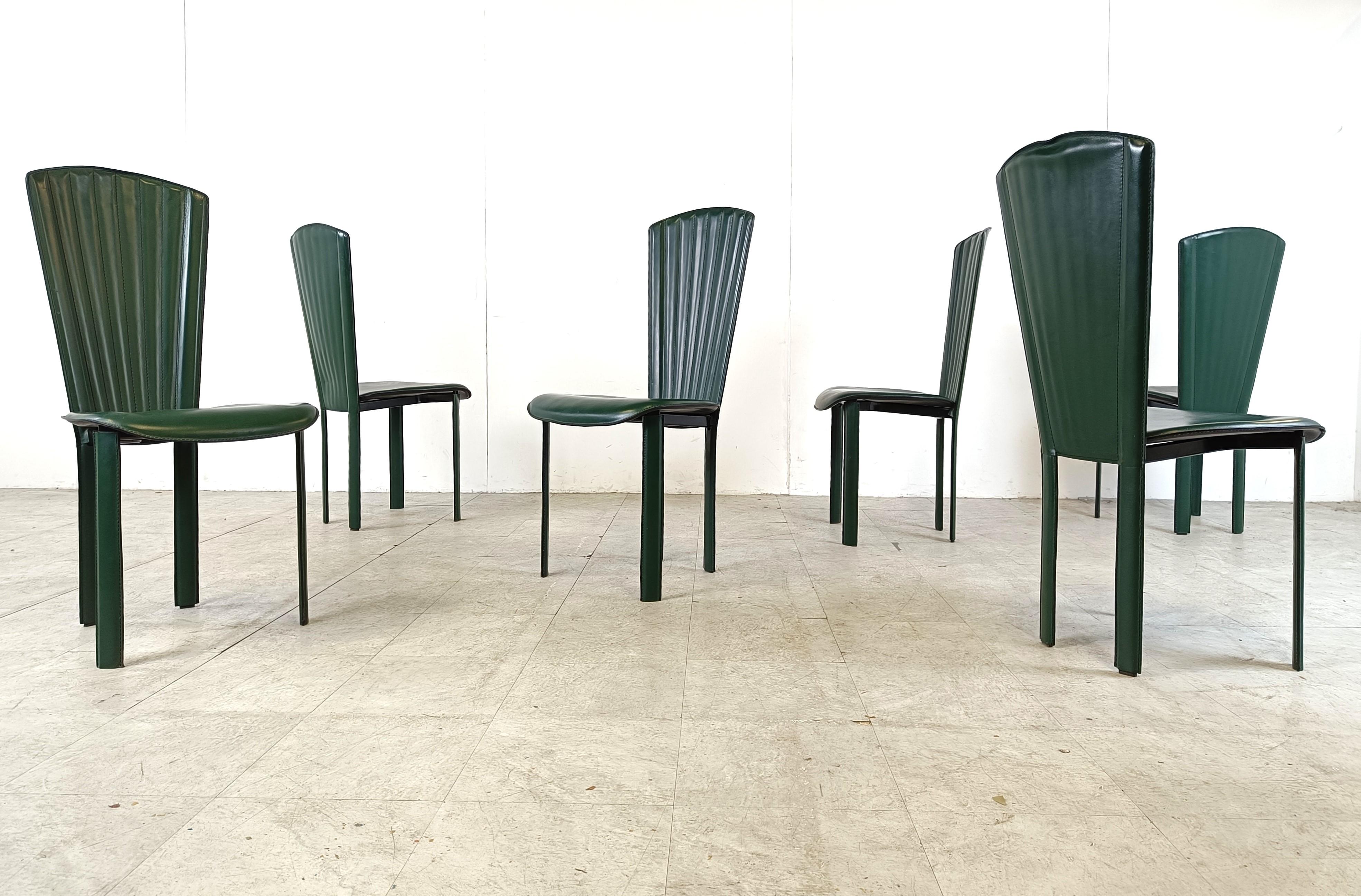 Vintage green leather dining chairs, 1980s - set of 6 2