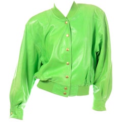 Vintage Green Leather Escada Bomber Jacket w Silk Tiger Lining by Margaretha Ley