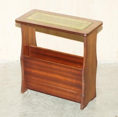 ViNTAGE GREEN LEATHER & FLAMED HARDWOOD SIDE END WINE TABLE MAGAZINE RACK