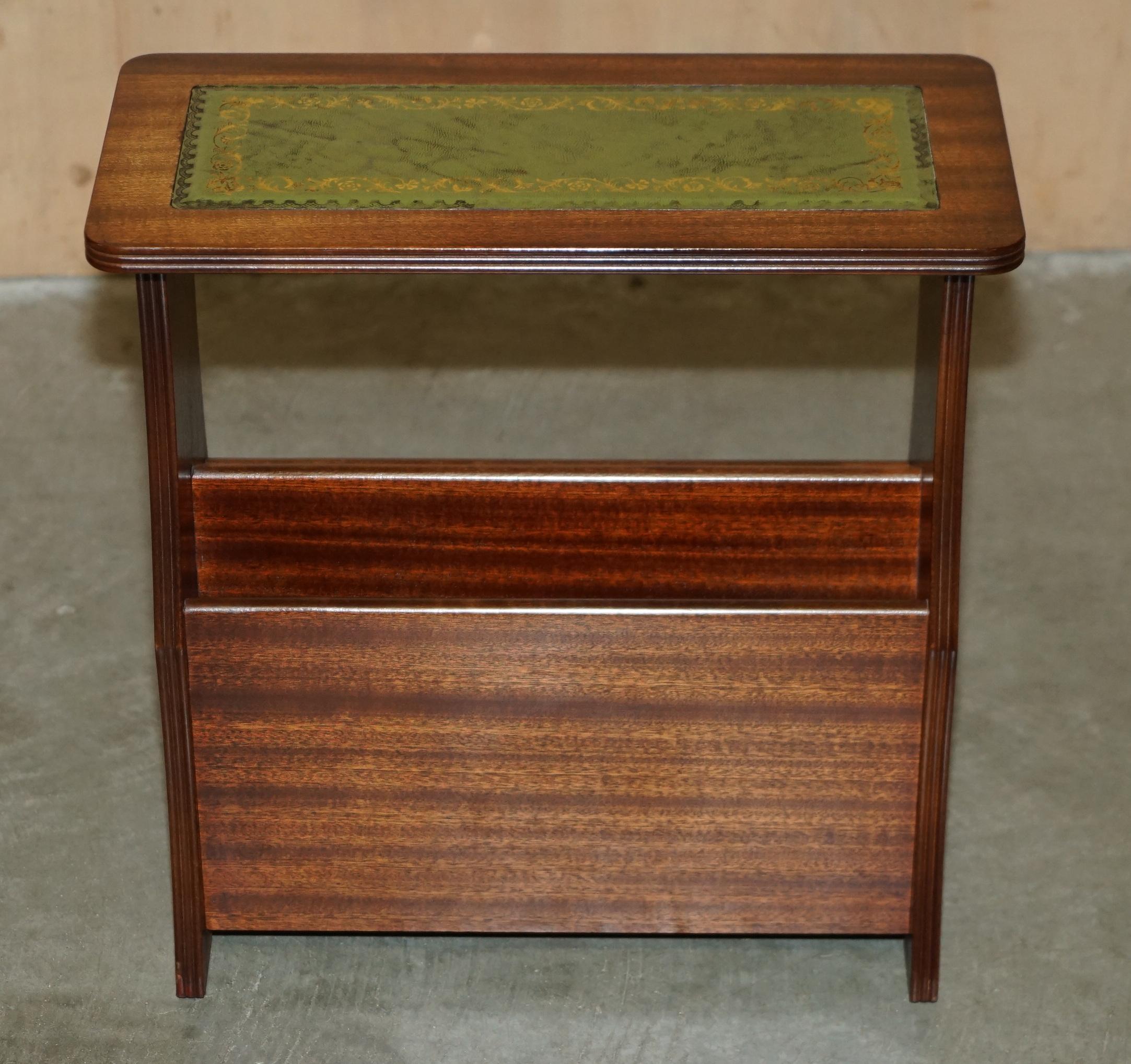 Leather ViNTAGE GREEN LEATHER & FLAMED HARDWOOD SIDE END WINE TABLE MAGAZINE RACK For Sale