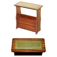 ViNTAGE CUERO VERDE Y MADERA LIGERA FLAMEADA MESA LATERAL PARA EL VINO PORTA REVISTAS