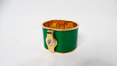 Vintage Green Leather Gold Tone Cuff With Rhinestone