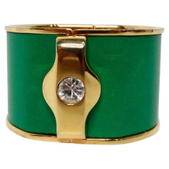 Vintage Green Leather Gold Tone Cuff With Rhinestone
