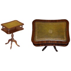 Lampe d'appoint vintage à trois pieds en cuir vert et bois de feuillus pour magazines