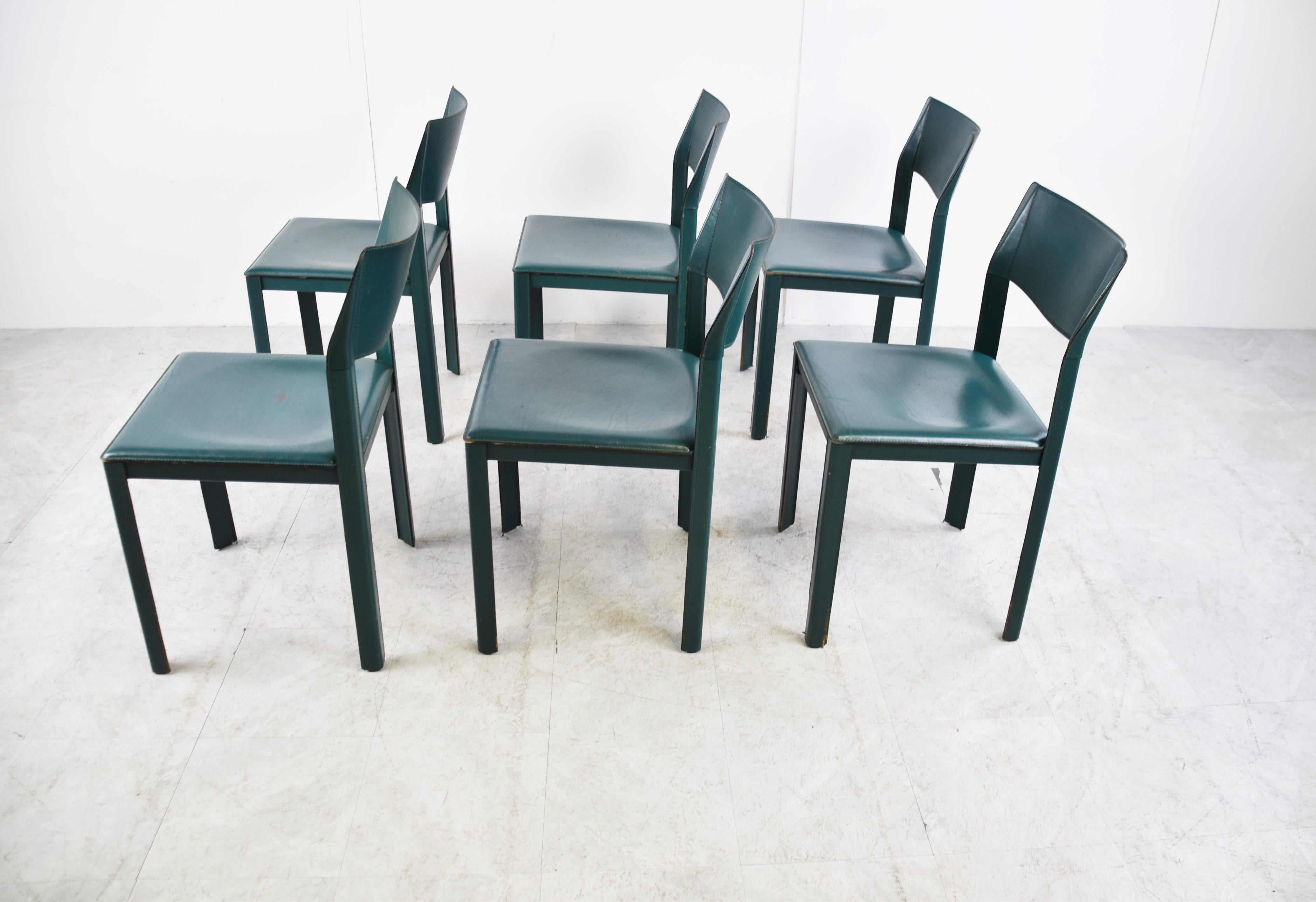 Metal Vintage Green Leather Italian Dining Chairs, 1970s