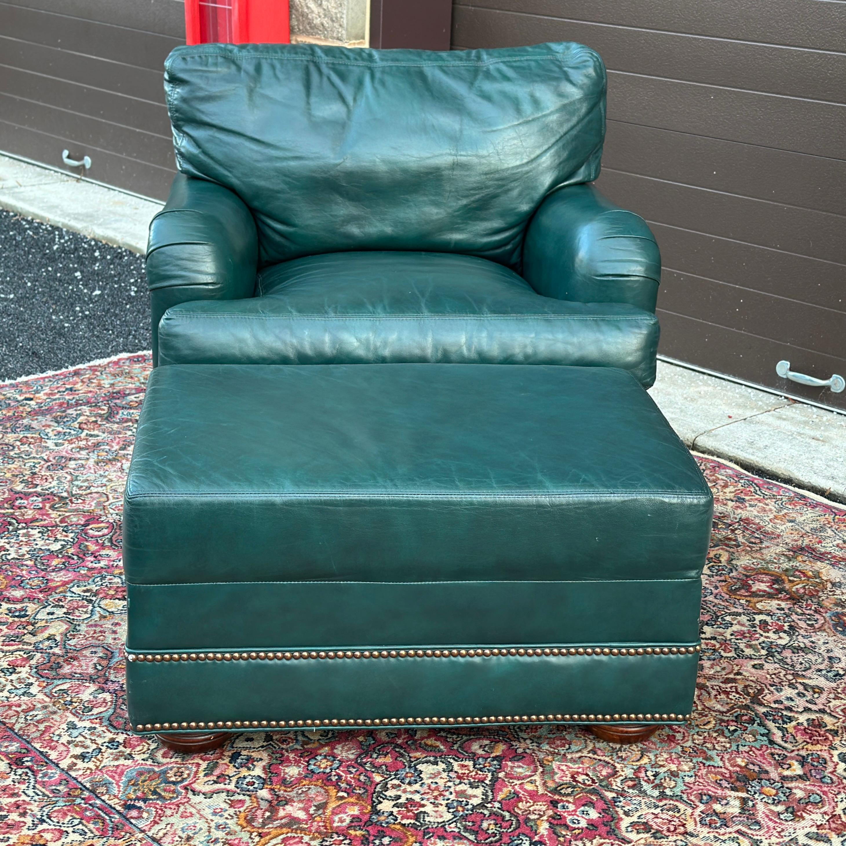 Georgian Vintage Green Leather Lounge Chair & Ottoman Set by Hickorycraft