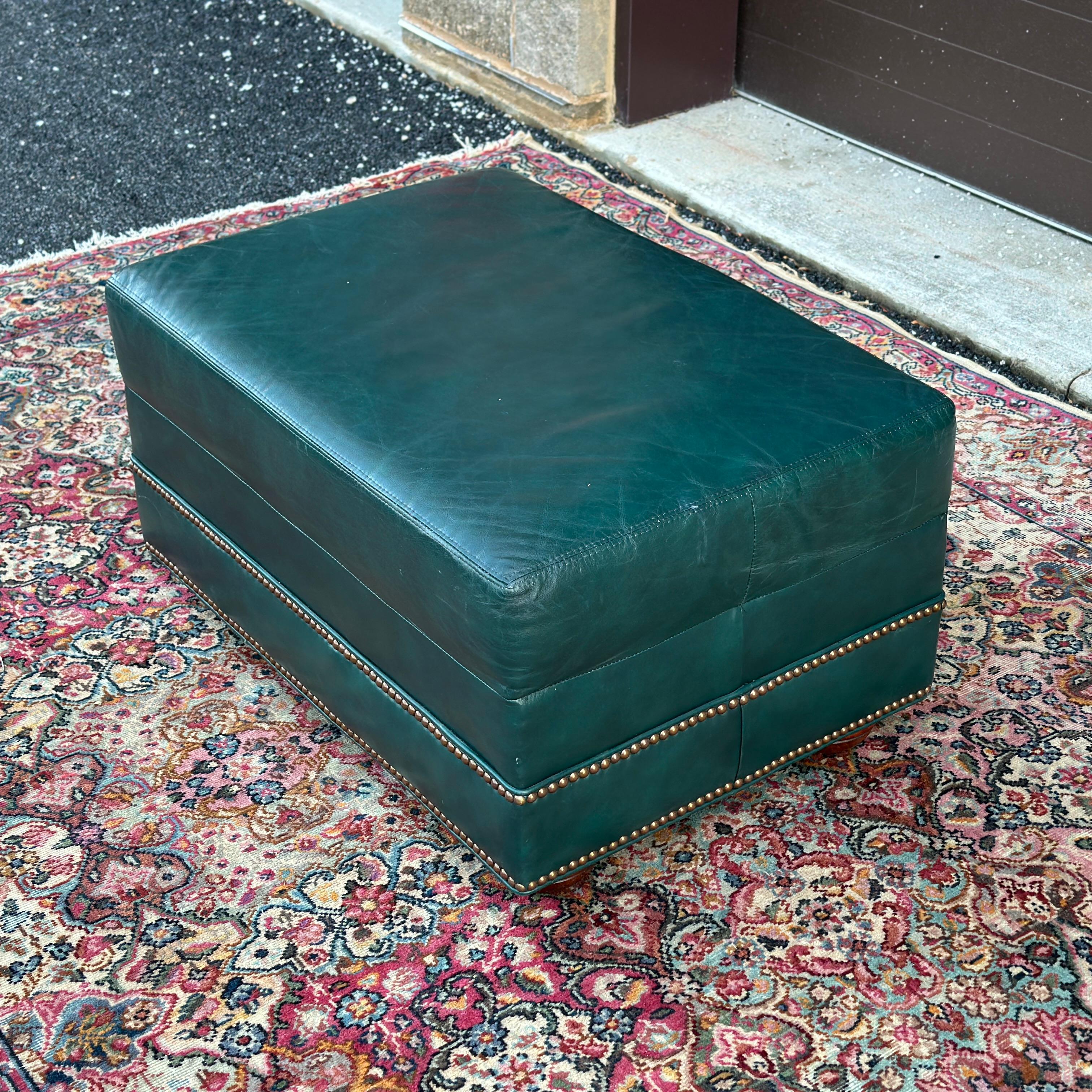 American Vintage Green Leather Lounge Chair & Ottoman Set by Hickorycraft