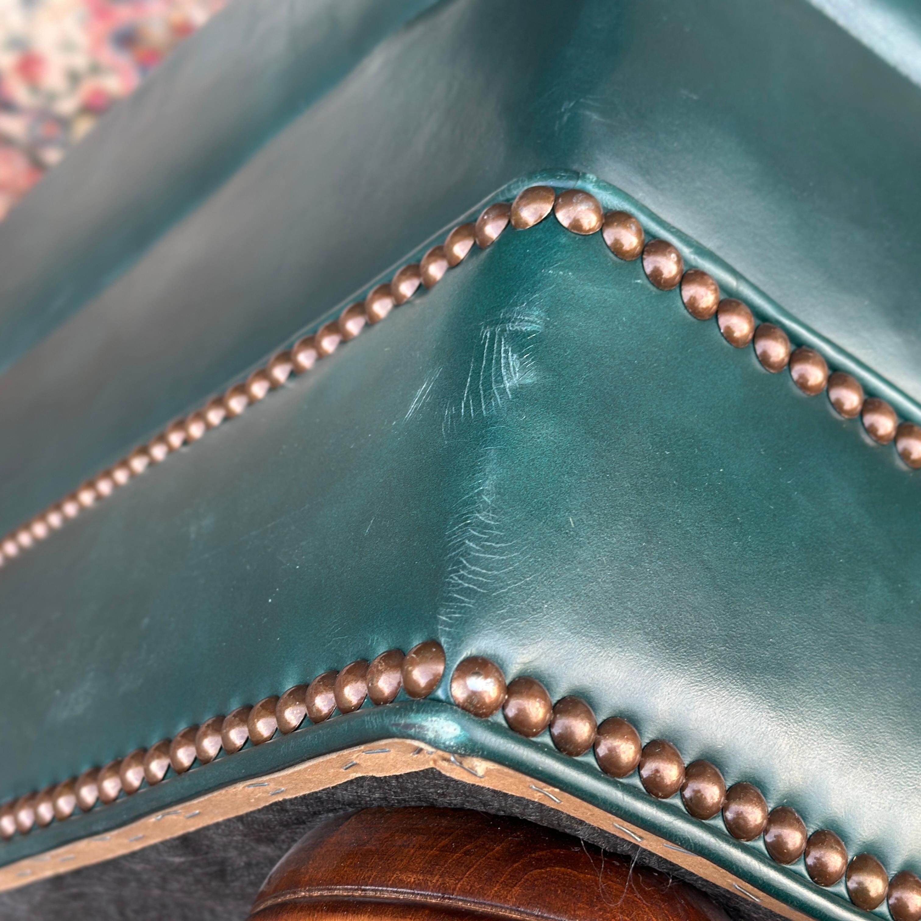 Hand-Crafted Vintage Green Leather Lounge Chair & Ottoman Set by Hickorycraft