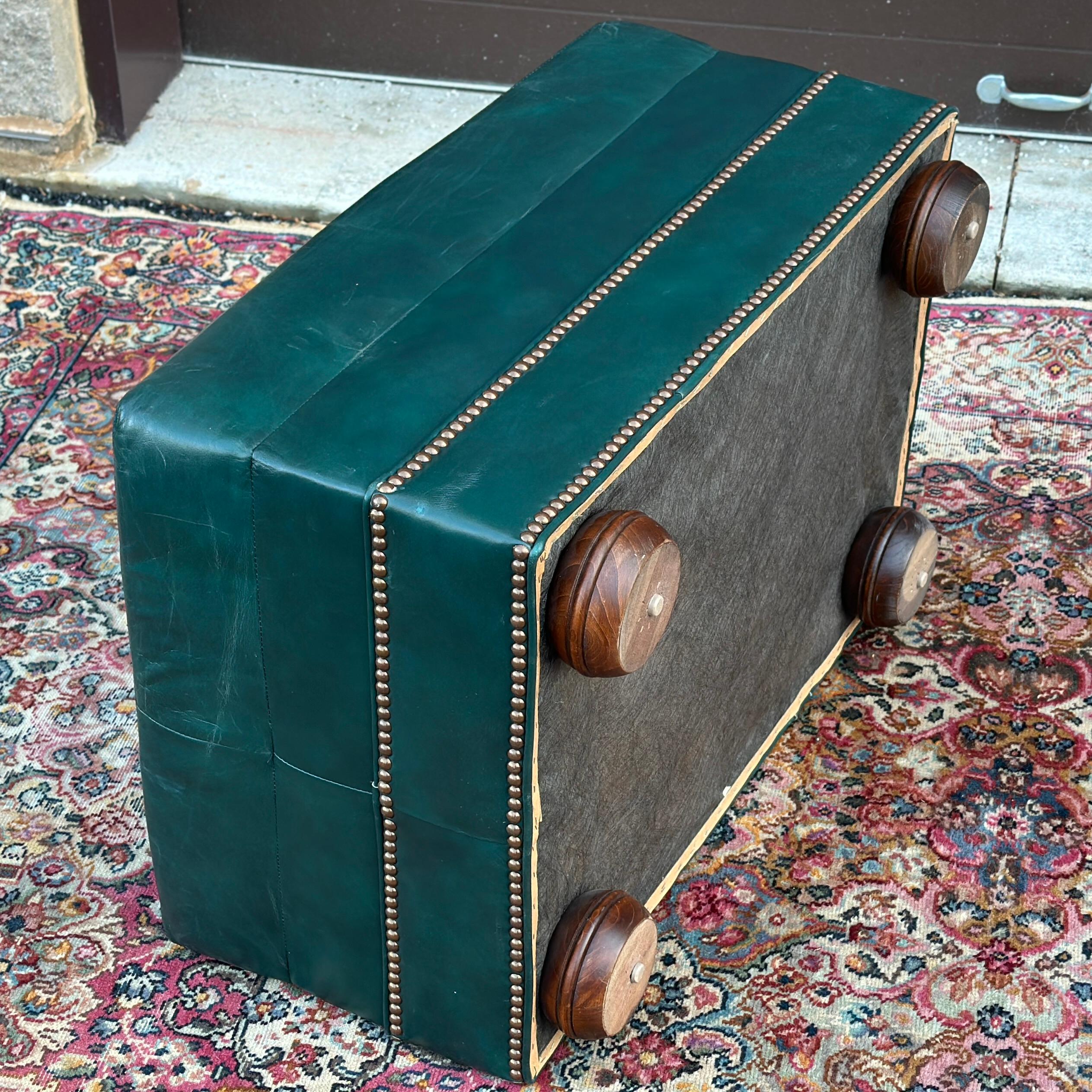 Brass Vintage Green Leather Lounge Chair & Ottoman Set by Hickorycraft