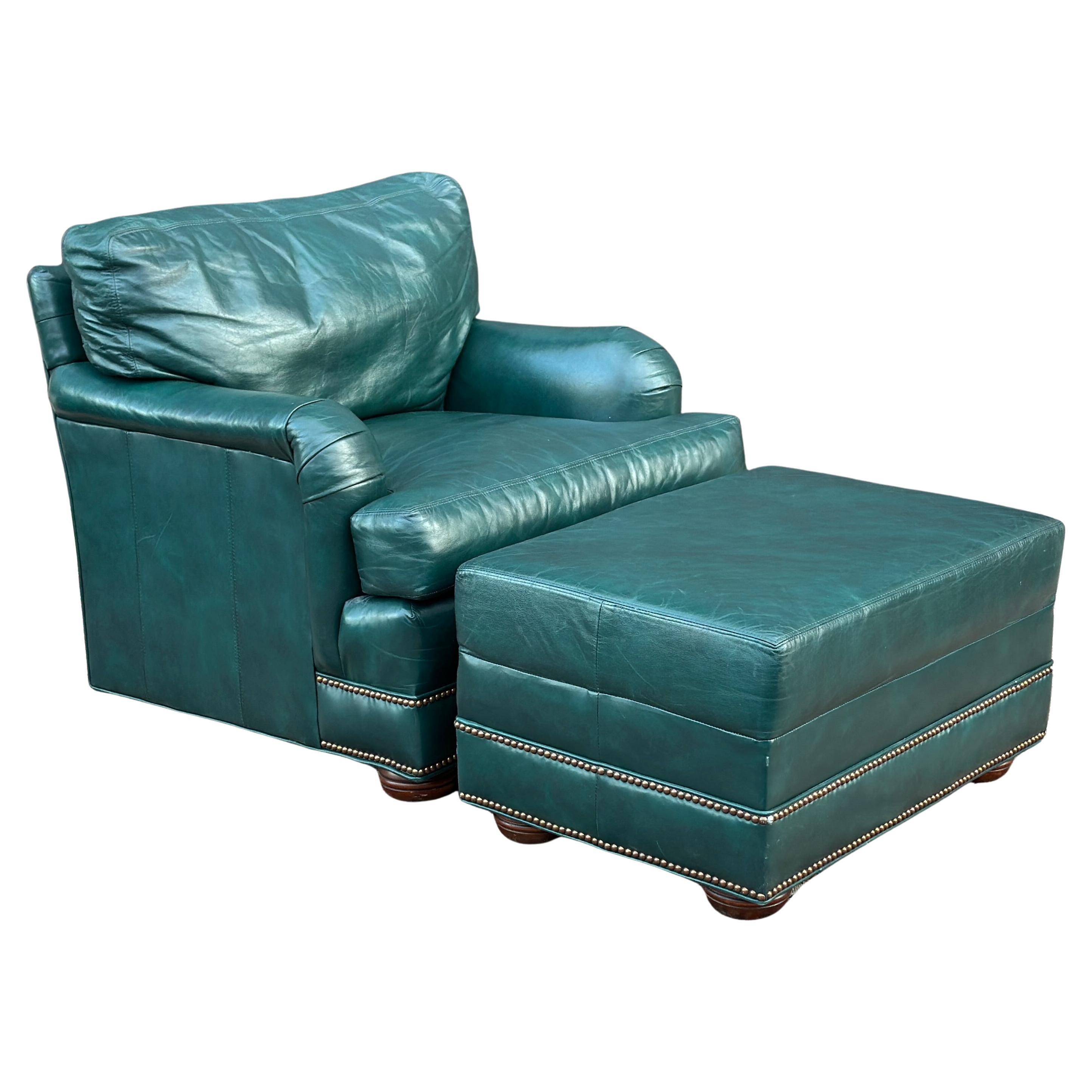 Vintage Green Leather Lounge Chair & Ottoman Set by Hickorycraft