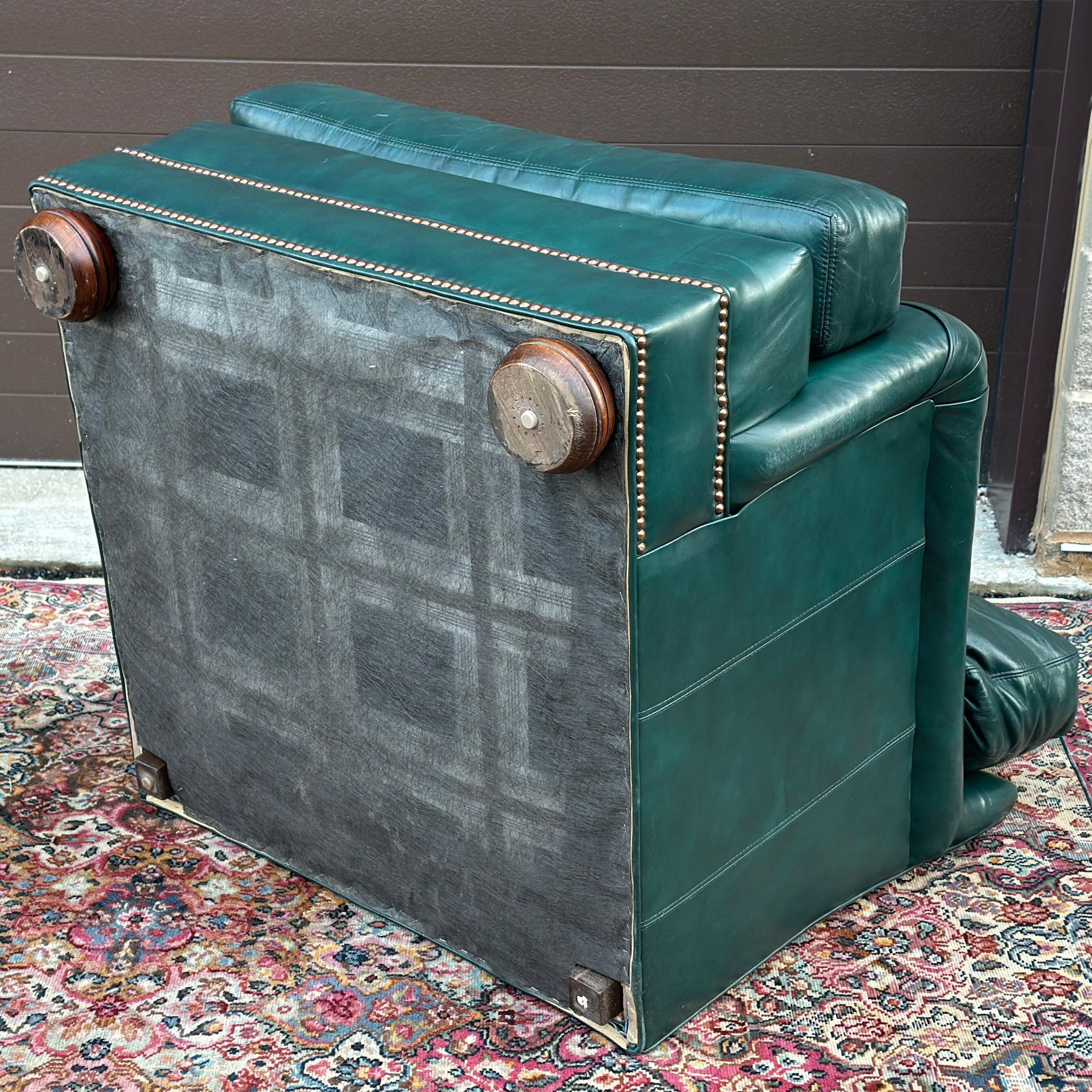 Vintage Green Leather Lounge Chair With Brass Tack Trim by Hickorycraft 6