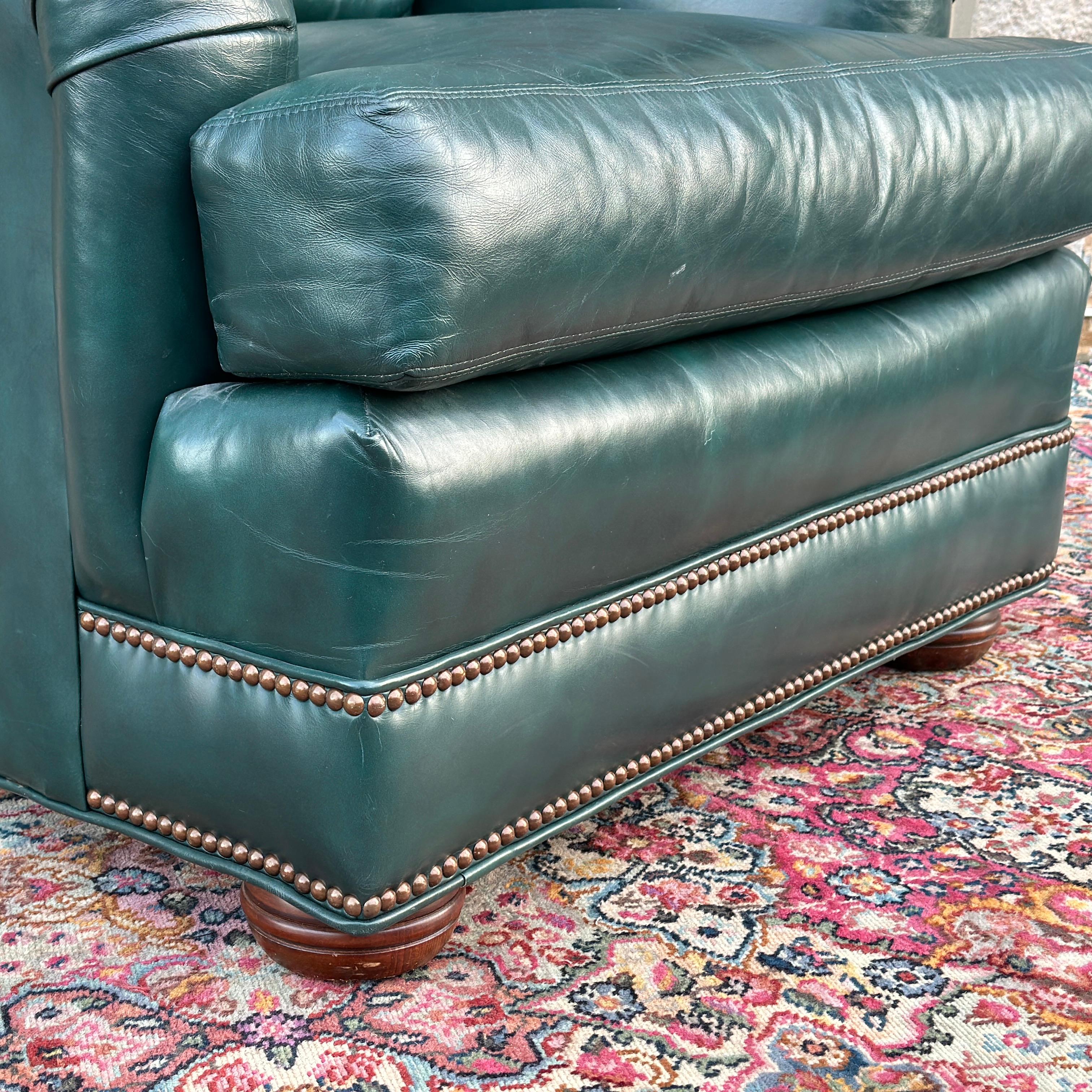 Georgian Vintage Green Leather Lounge Chair With Brass Tack Trim by Hickorycraft