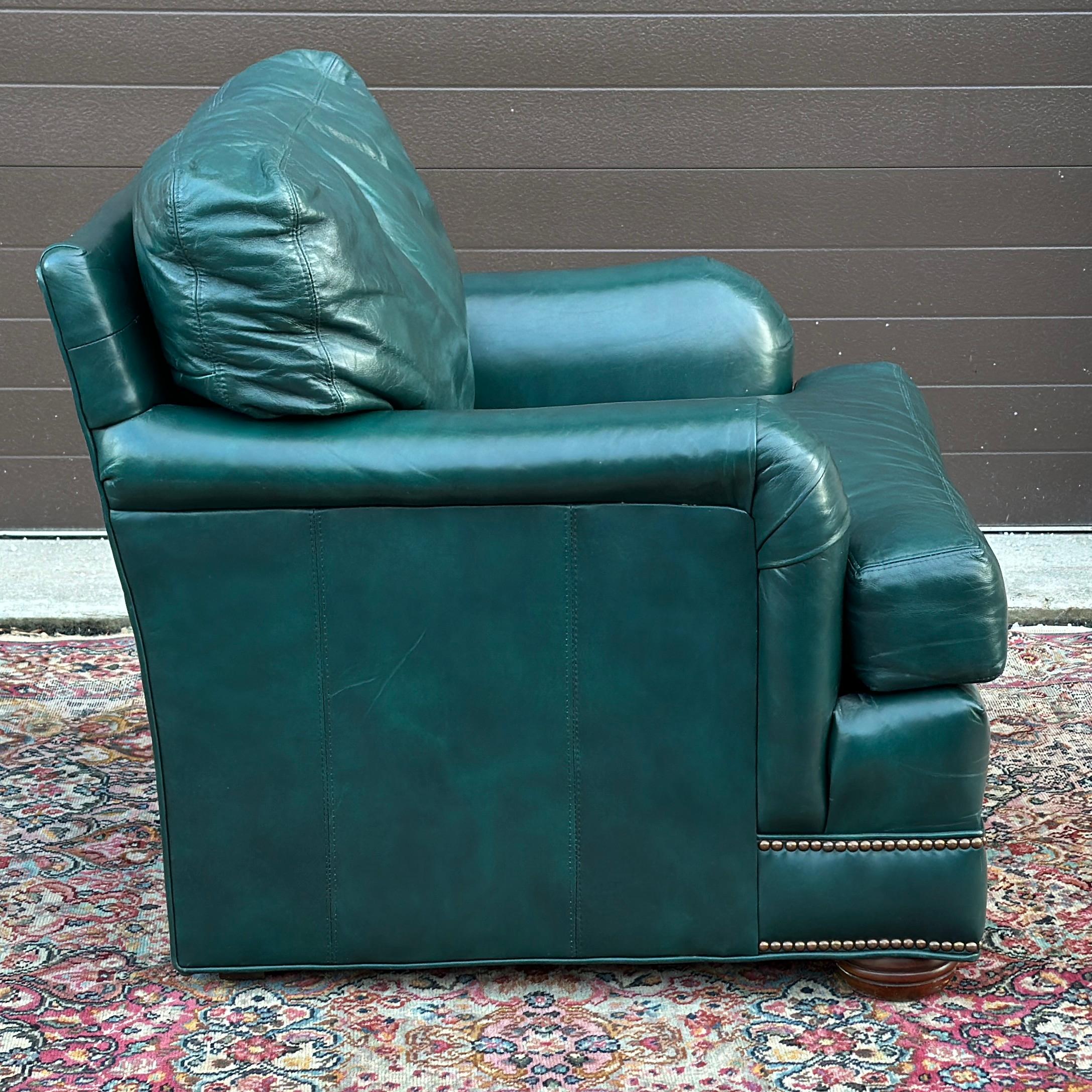 American Vintage Green Leather Lounge Chair With Brass Tack Trim by Hickorycraft