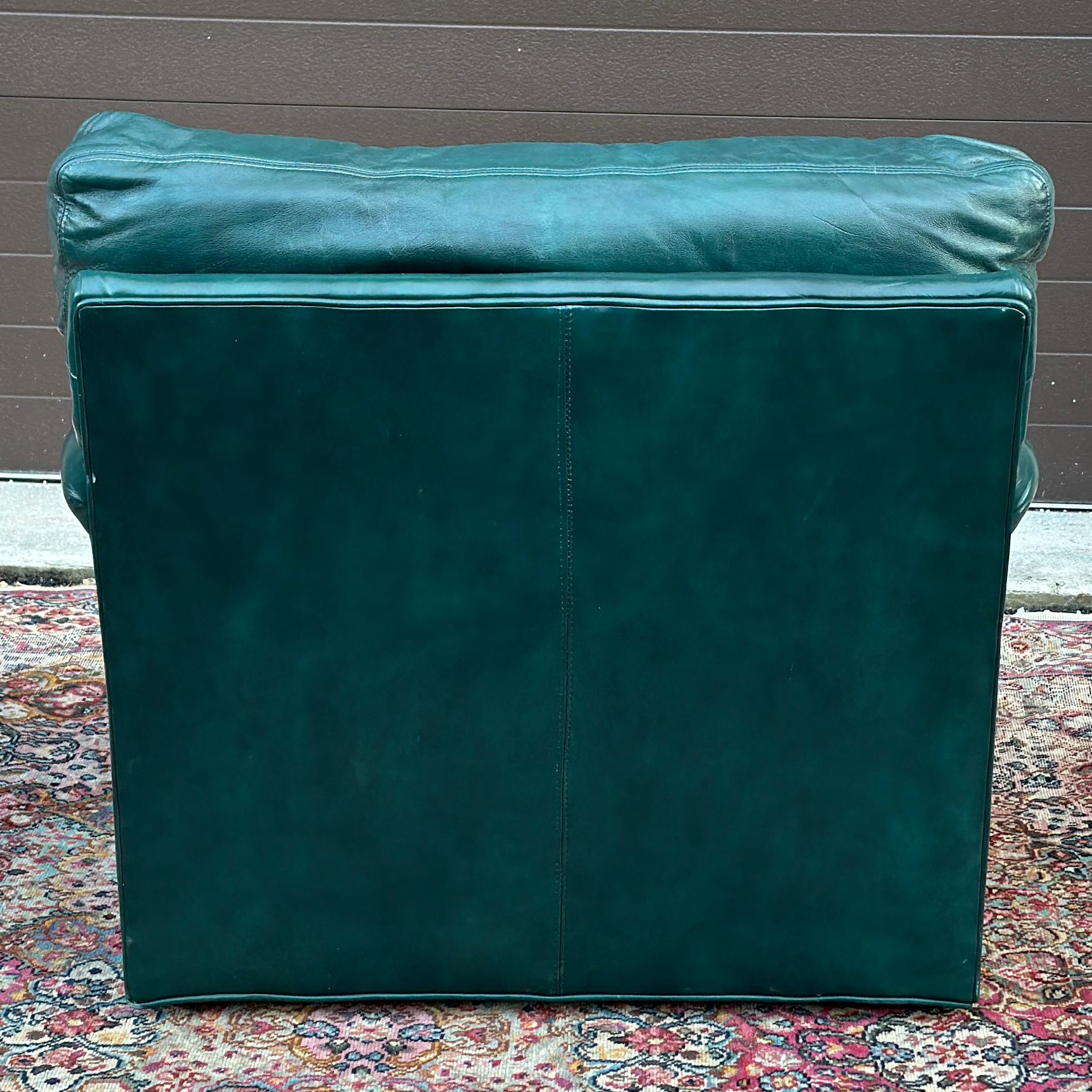 Hand-Crafted Vintage Green Leather Lounge Chair With Brass Tack Trim by Hickorycraft