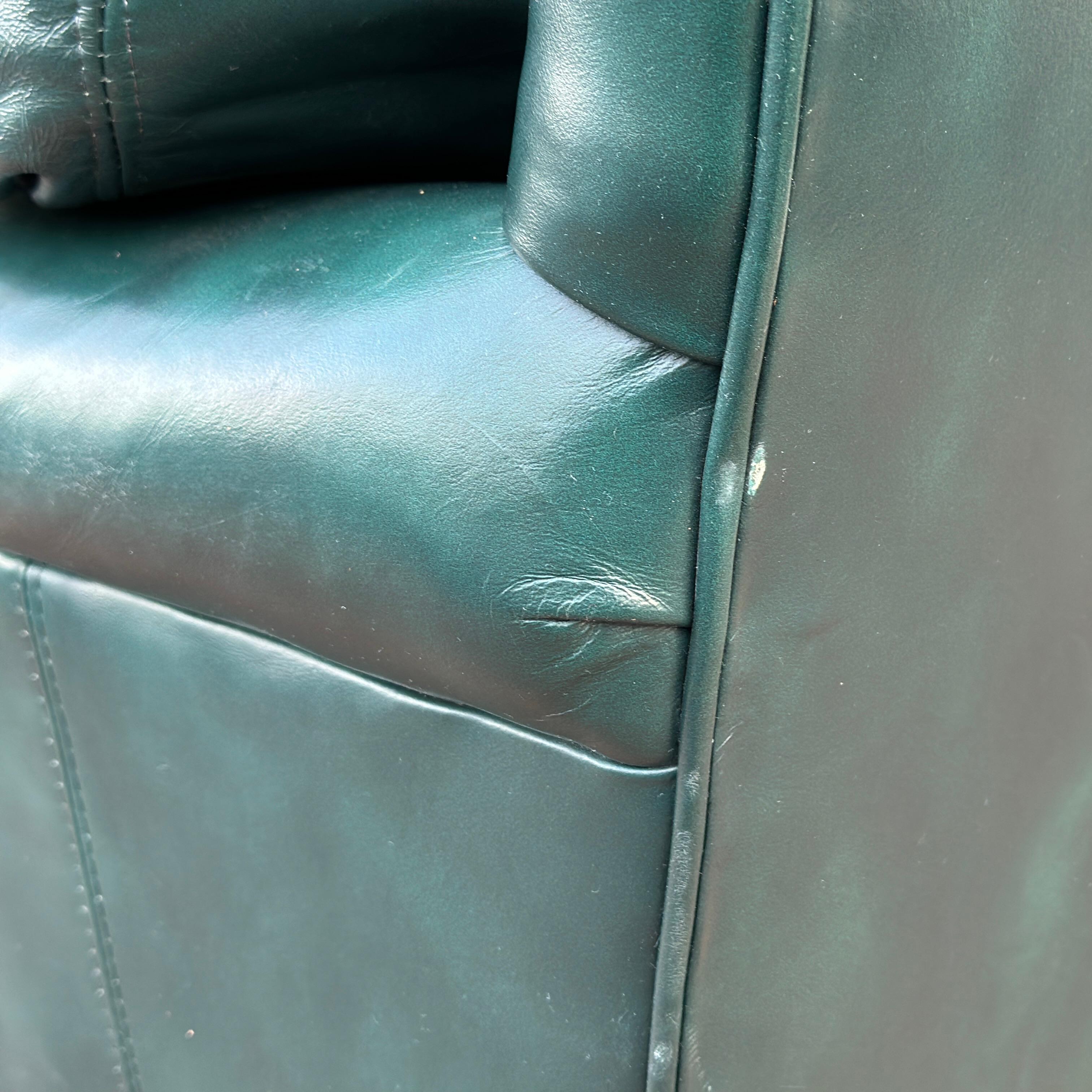 20th Century Vintage Green Leather Lounge Chair With Brass Tack Trim by Hickorycraft