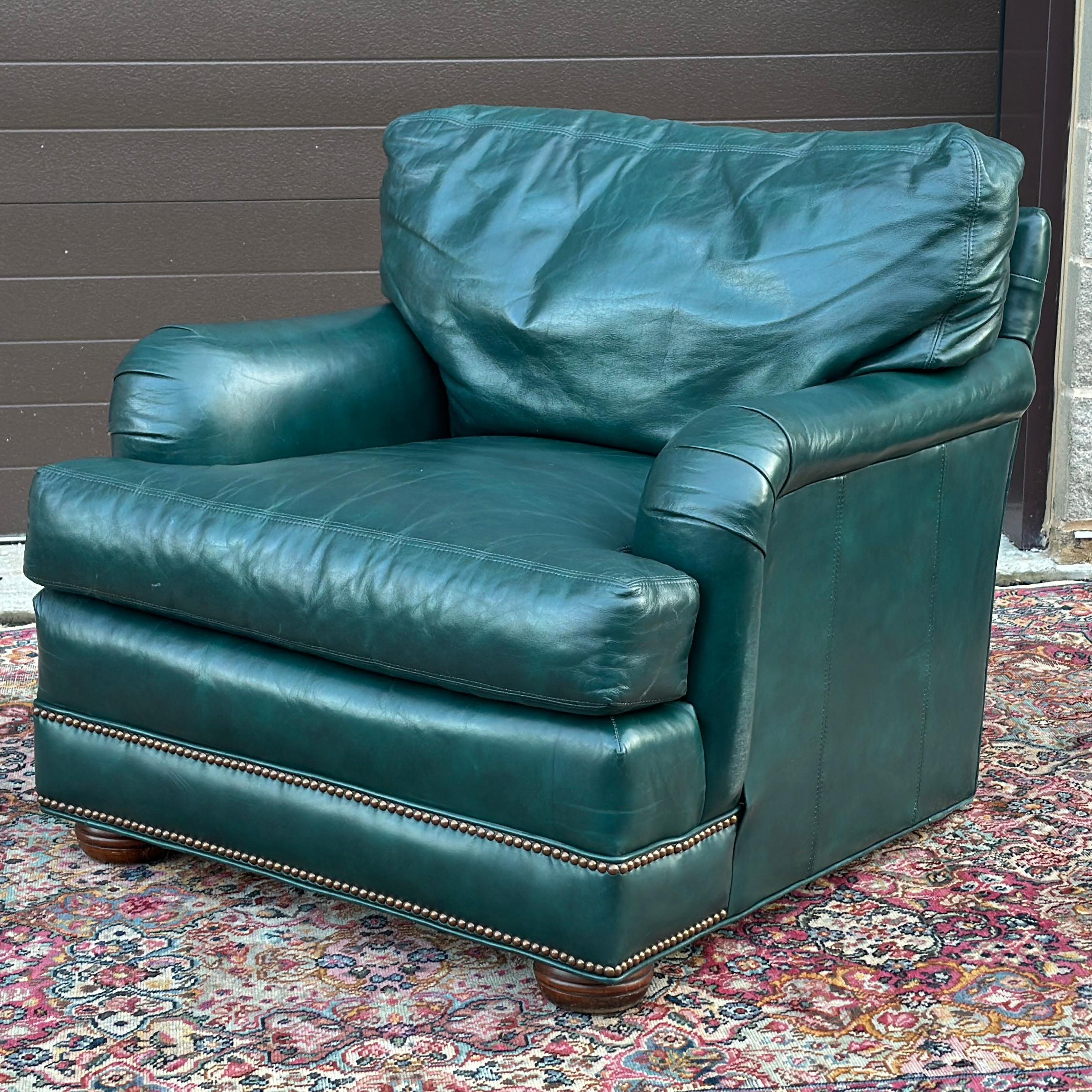 Vintage Green Leather Lounge Chair With Brass Tack Trim by Hickorycraft 1