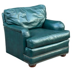 Vintage Green Leather Lounge Chair With Brass Tack Trim by Hickorycraft