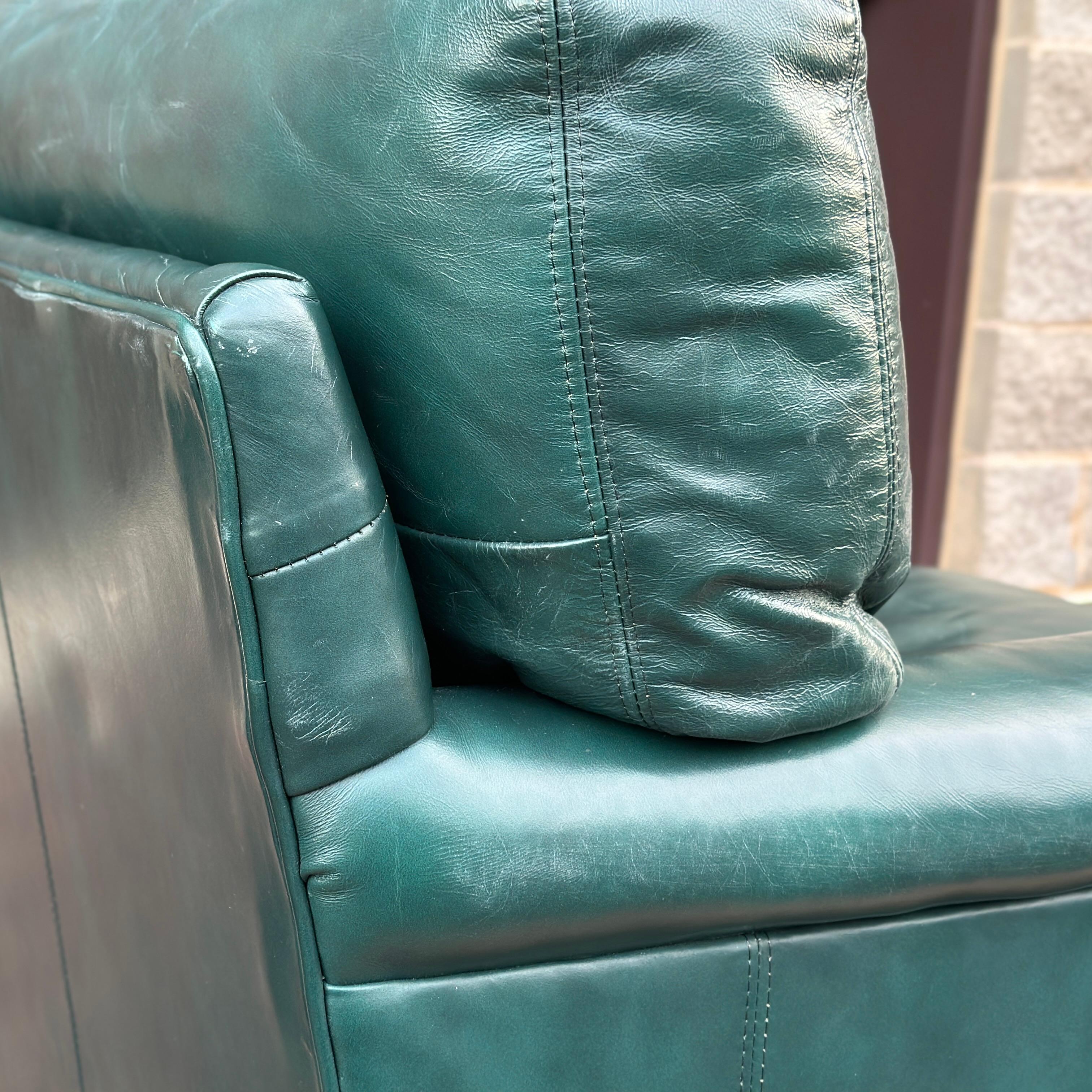 Vintage Green Leather Loveseat With Brass Tack Trim by Hickorycraft 5