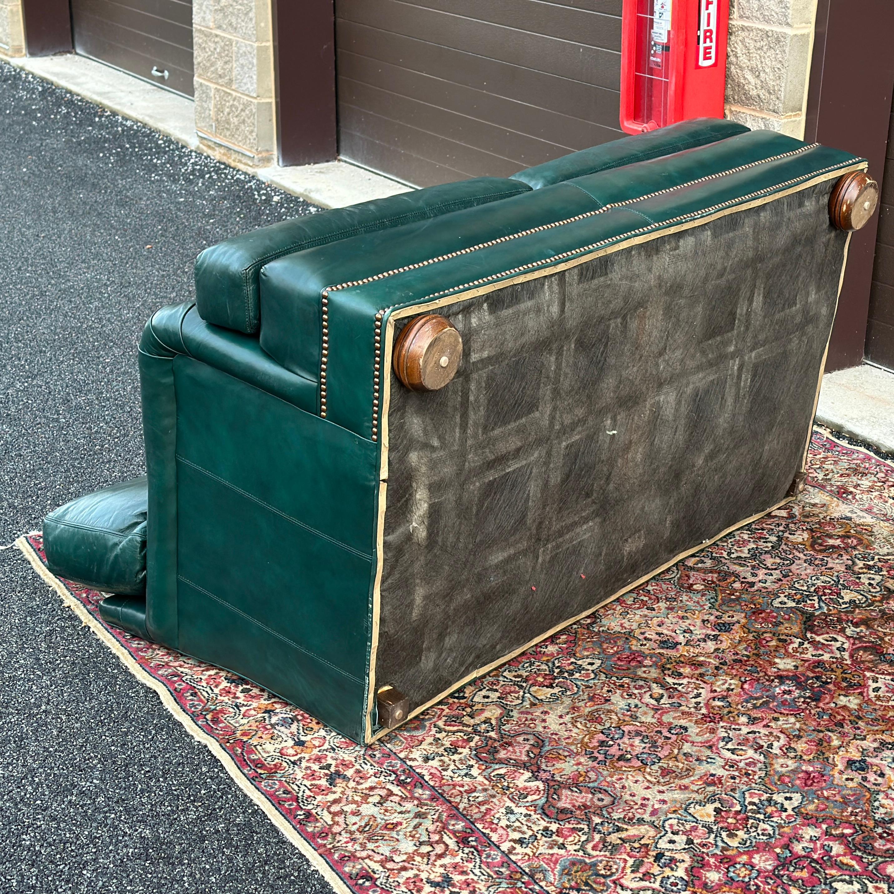 Vintage Green Leather Loveseat With Brass Tack Trim by Hickorycraft 6