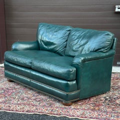 Vintage Green Leather Loveseat With Brass Tack Trim by Hickorycraft