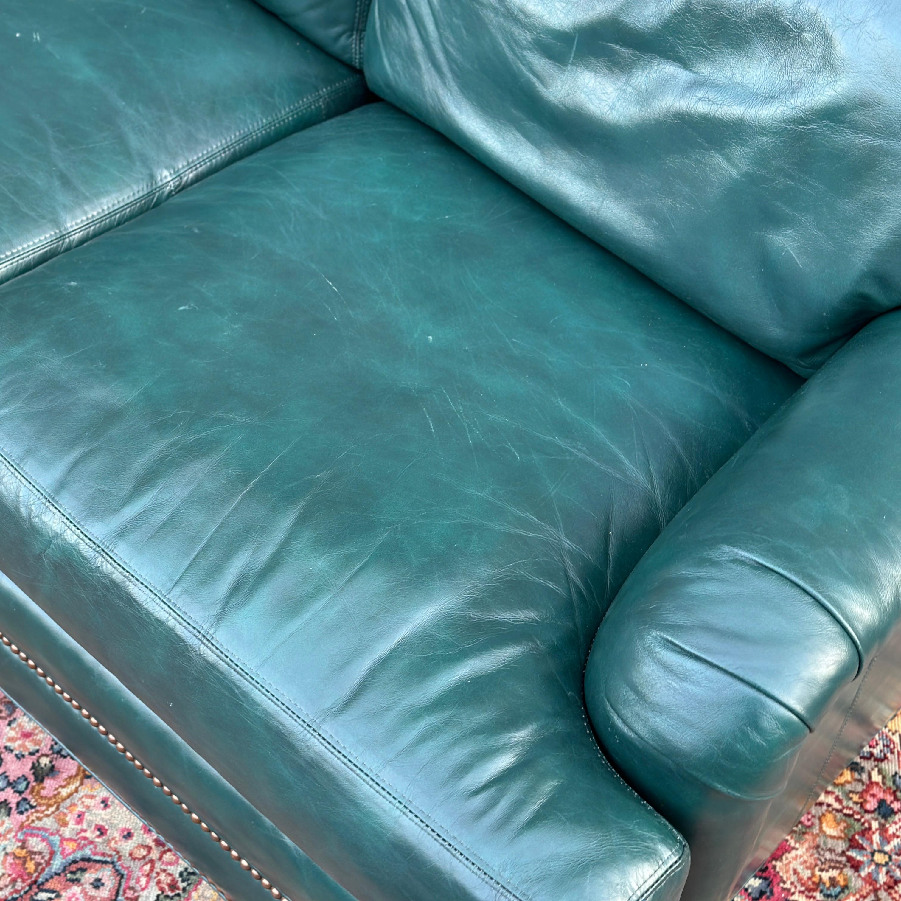 Regency Vintage Green Leather Loveseat With Brass Tack Trim by Hickorycraft